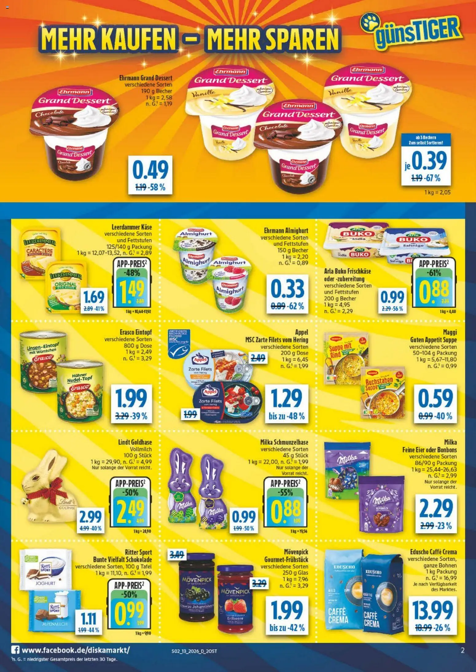 Diska Prospekt 	 – gültig ab 23.03.2026 | Seite: 2 | Produkte: Eier, Ritter sport, Leerdammer, Erasco