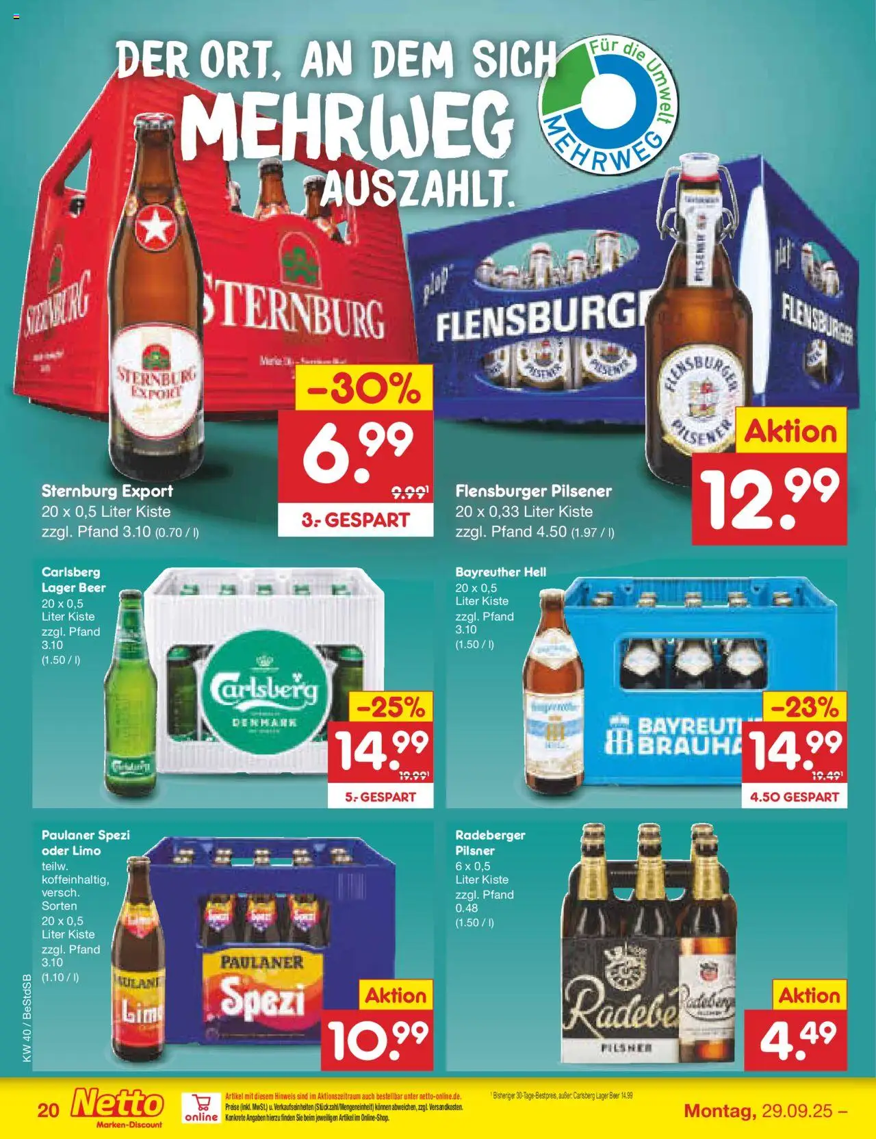 Netto Marken-Discount Prospekt 	 – gültig ab 29.09.2025 | Seite: 20 | Produkte: Bayreuther hell, Carlsberg, Flensburger, Paulaner