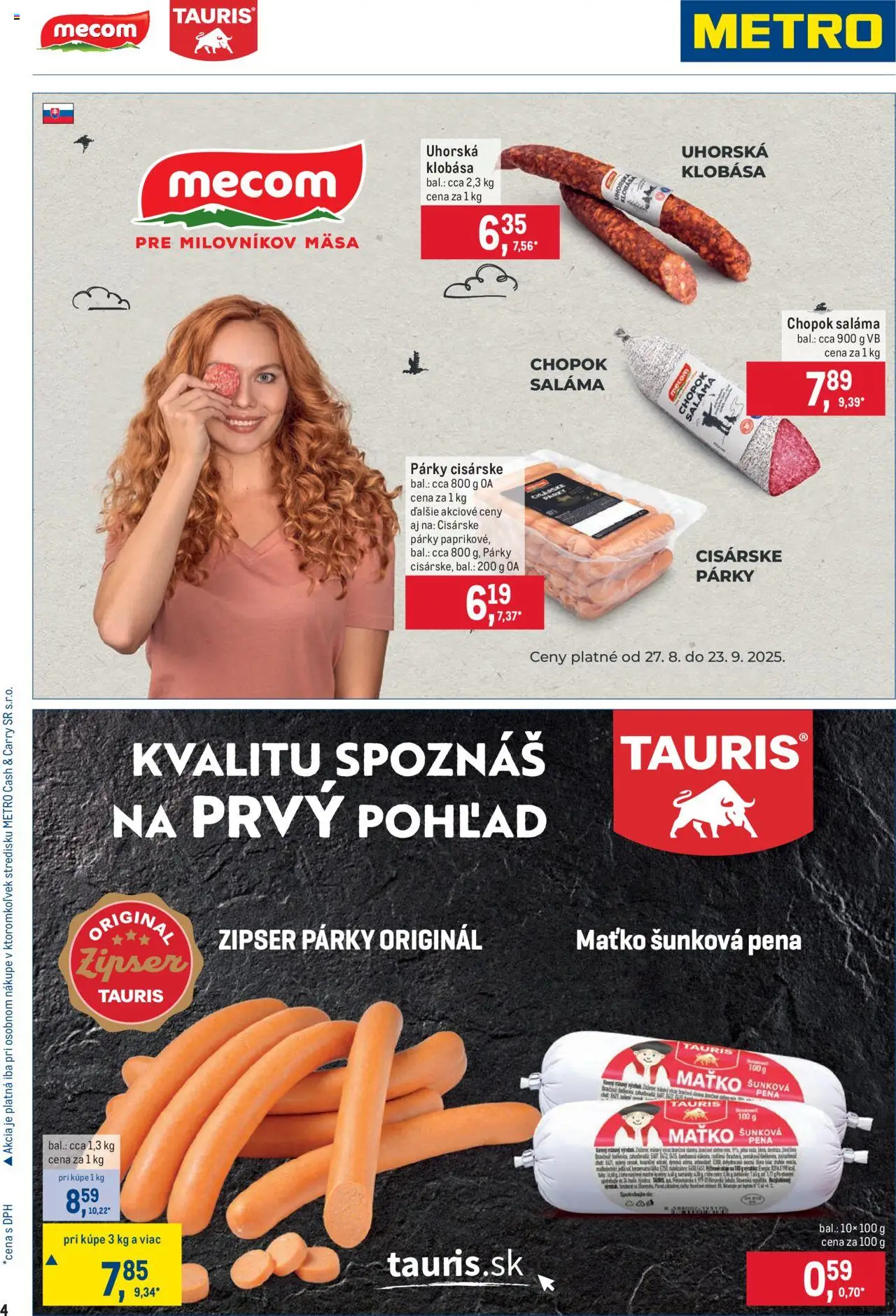 Nové Metro akcie – leták je platný od 27.08.2025 | Strana: 4 | Produkty: Saláma, Klobása, Párky