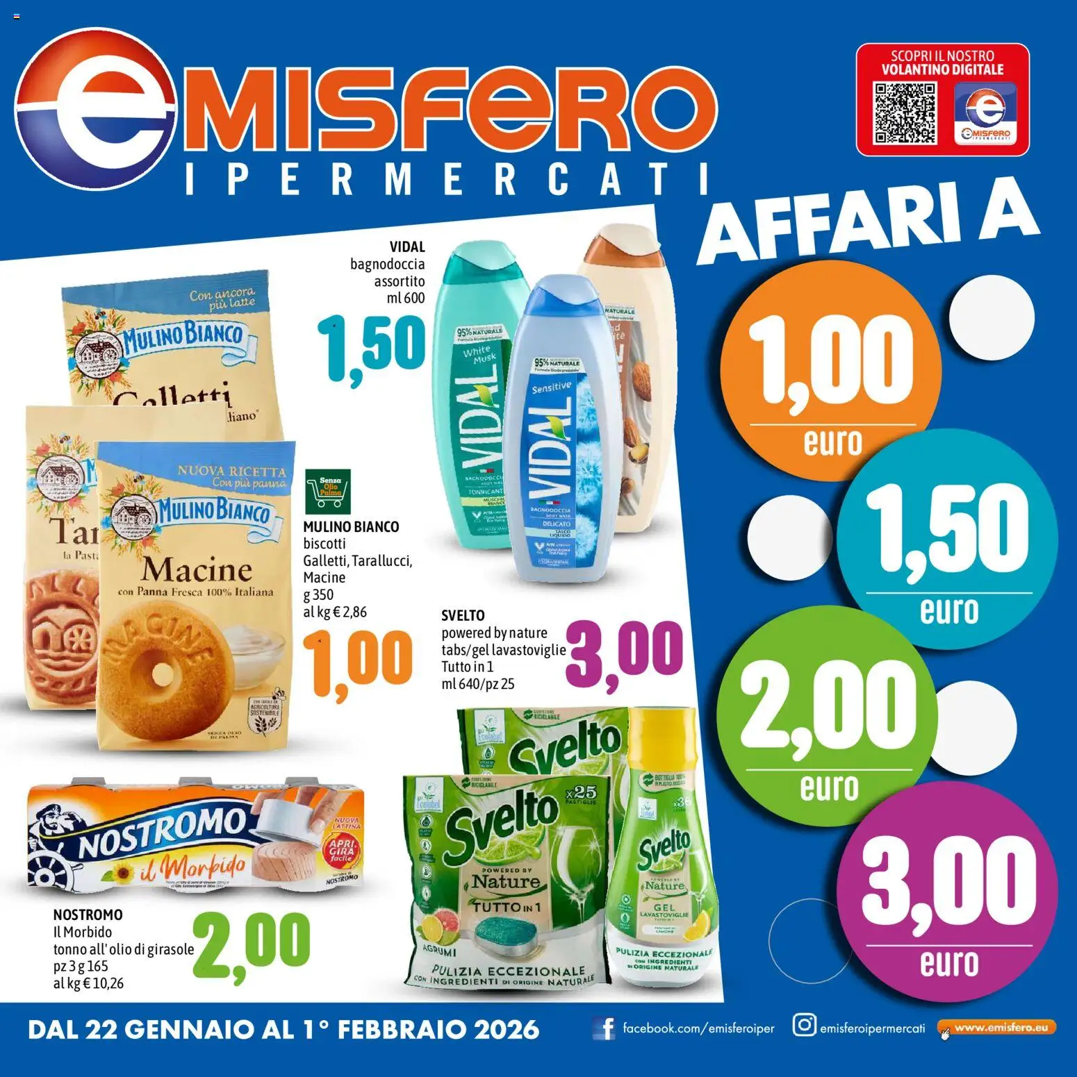Volantino Emisfero del 22.01.2026 | Pagina: 1 | Prodotti: Biscotti, Olio, Agrumi, Lavastoviglie