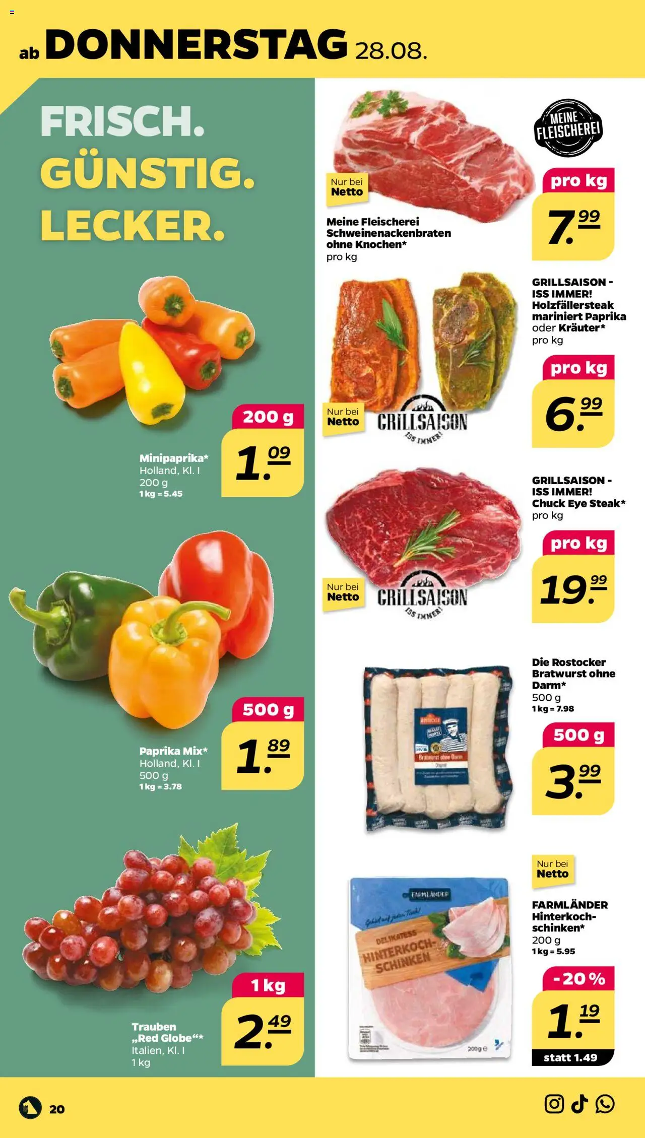 Netto Prospekt 	 - gültig ab dem 25.08.2025 | Seite: 20 | Produkte: Trauben, Bratwurst, Paprika, Schinken