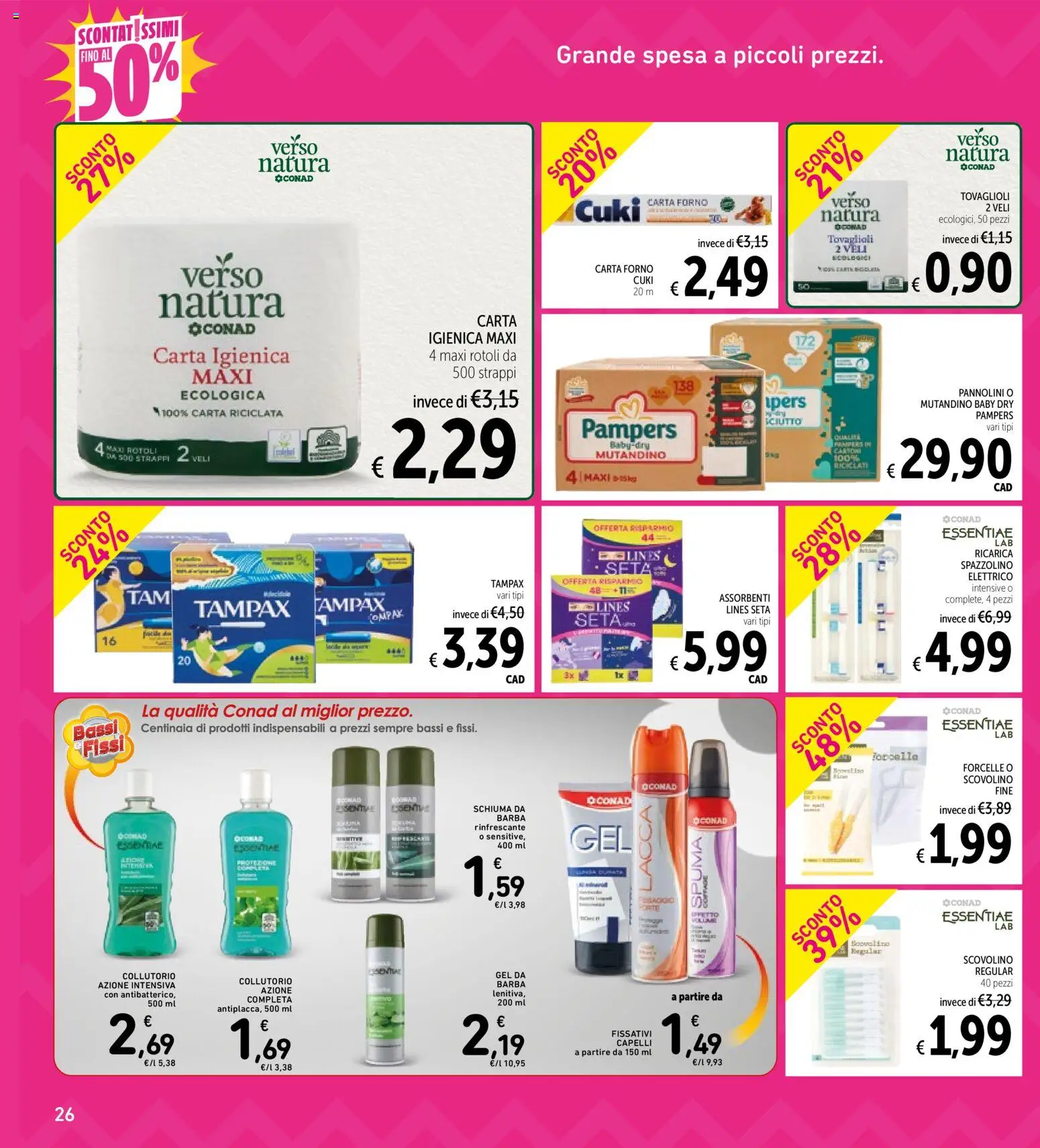 Volantino Spazio Conad del 07.01.2026 | Pagina: 26 | Prodotti: Pannolini, Lacca, Carta igienica, Spazzolino