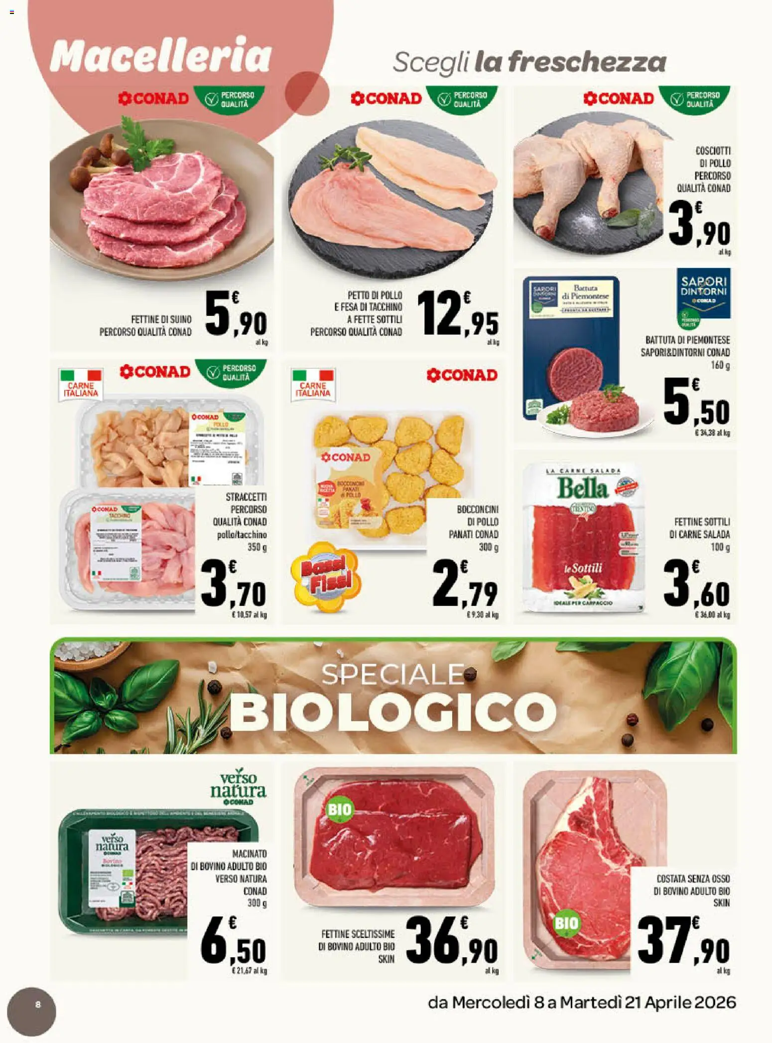 Volantino Conad del 08.04.2026 | Pagina: 8 | Prodotti: Bovino, Petto di Pollo, Suino, Macinato