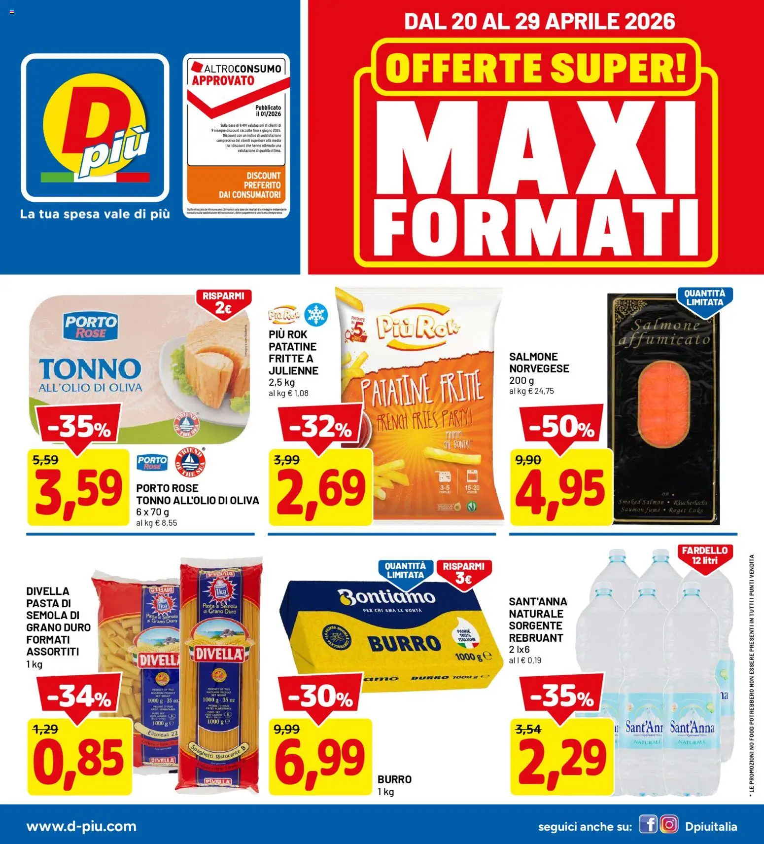 Volantino D Più del 20.04.2026 | Pagina: 1 | Prodotti: Patatine, Burro, Pasta, Tonno
