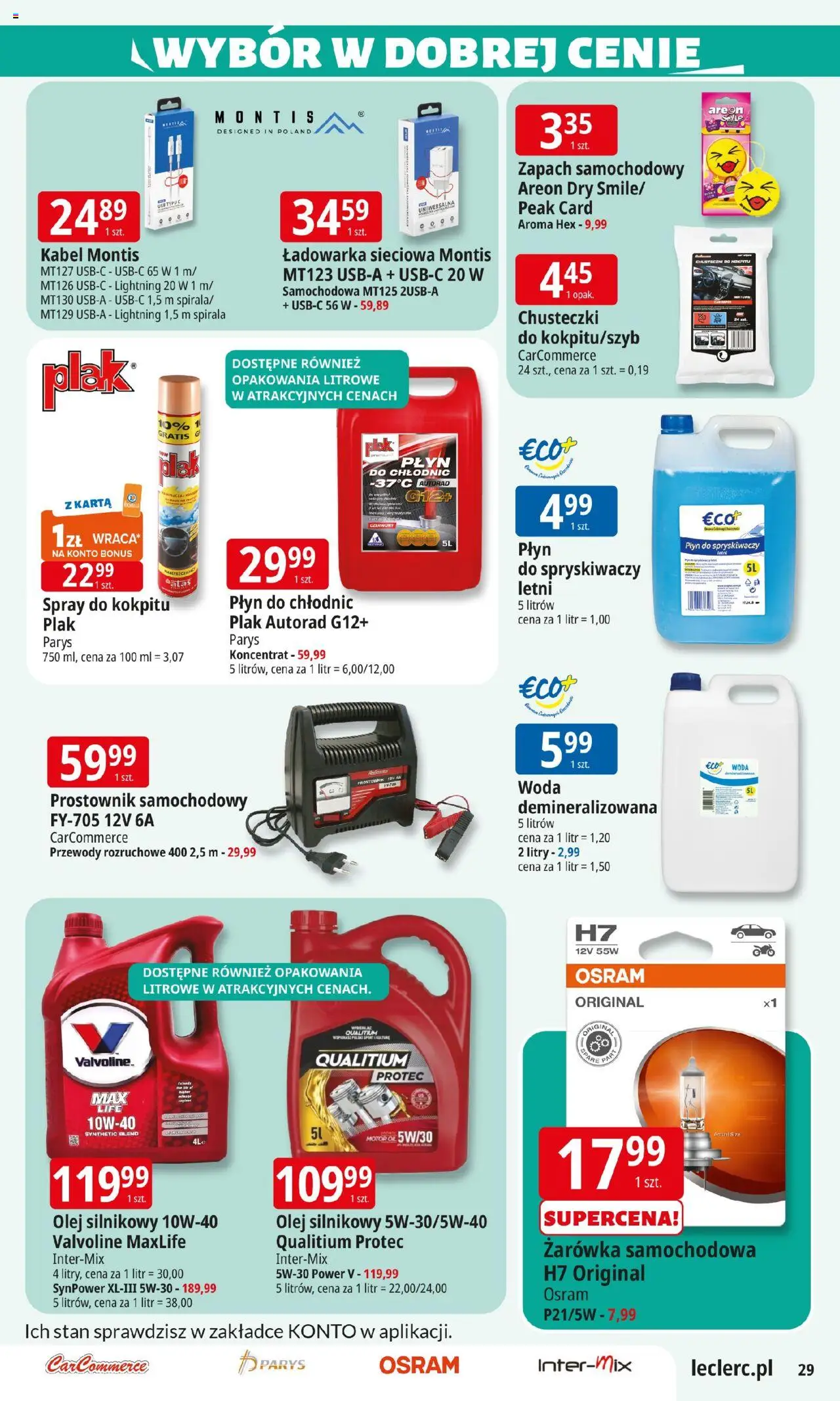 E.Leclerc Gazetka - Elbląg od 22.07.2025 | Strona: 29 | Produkty: Ładowarka, USB, Płyn do spryskiwaczy, Olej