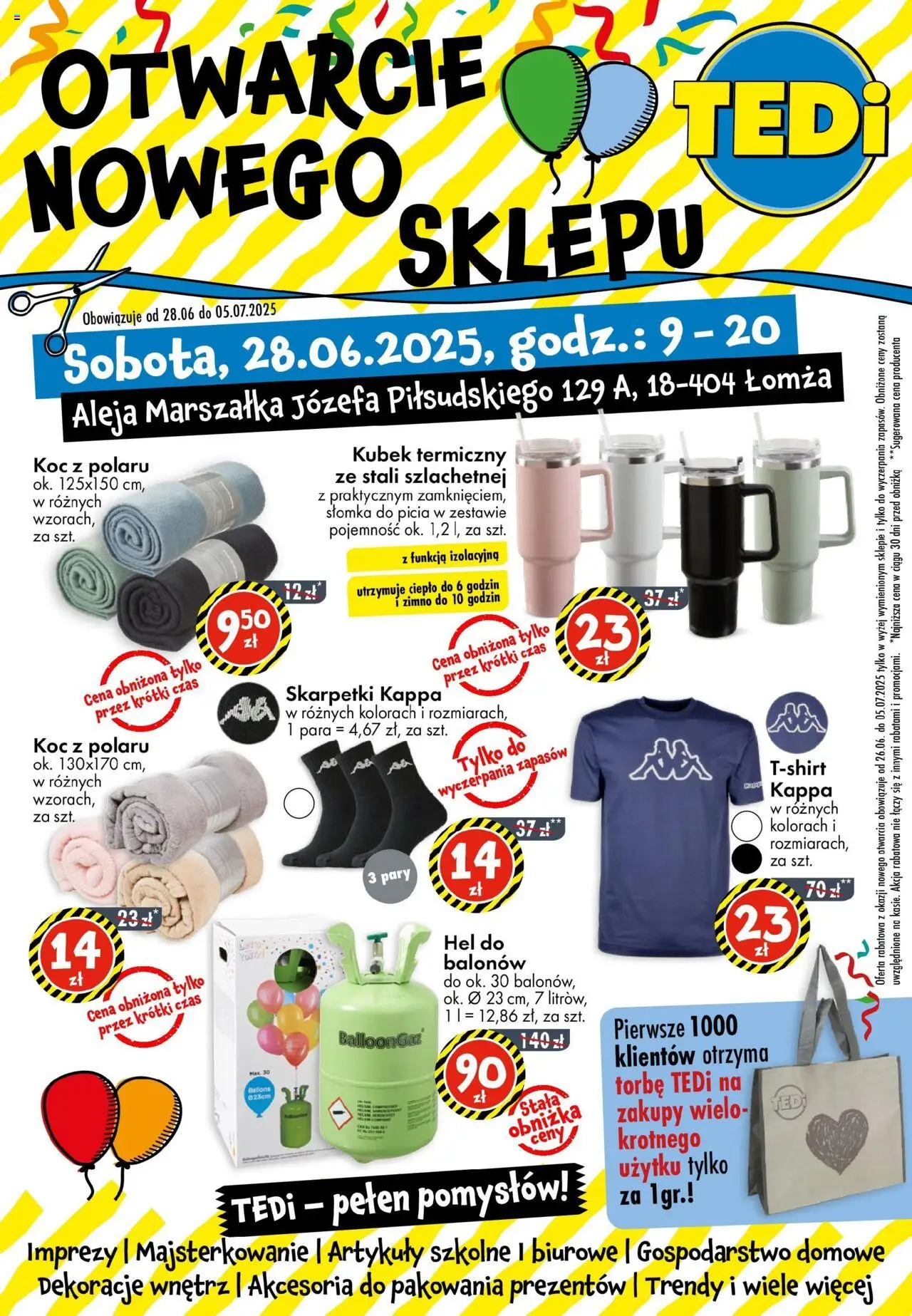 TEDi Gazetka - Łomża od 28.06.2025 | Strona: 1 | Produkty: Skarpetki, Koc, Artykuły szkolne