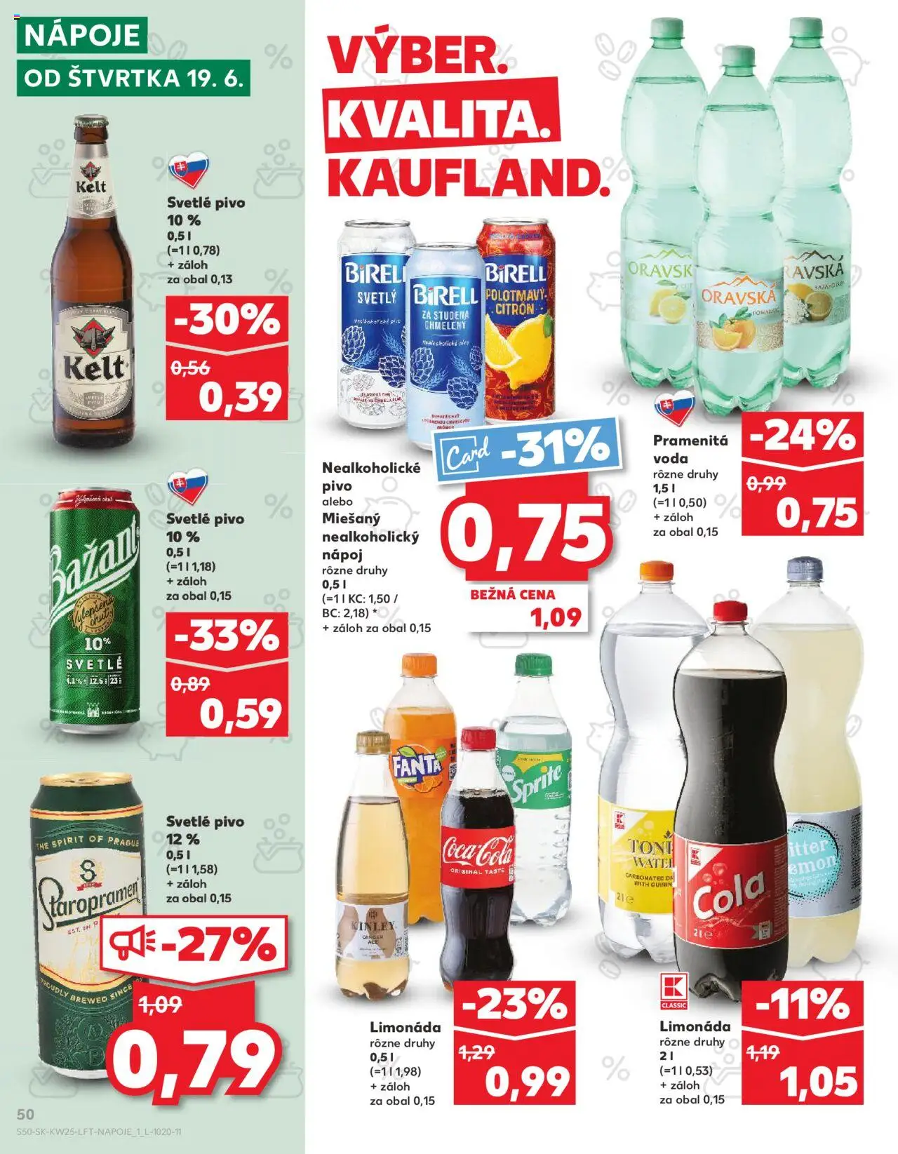 Nové Kaufland akcie – leták je platný od 19.06.2025 | Strana: 50 | Produkty: Birell, Kelt, Sprite, Cola