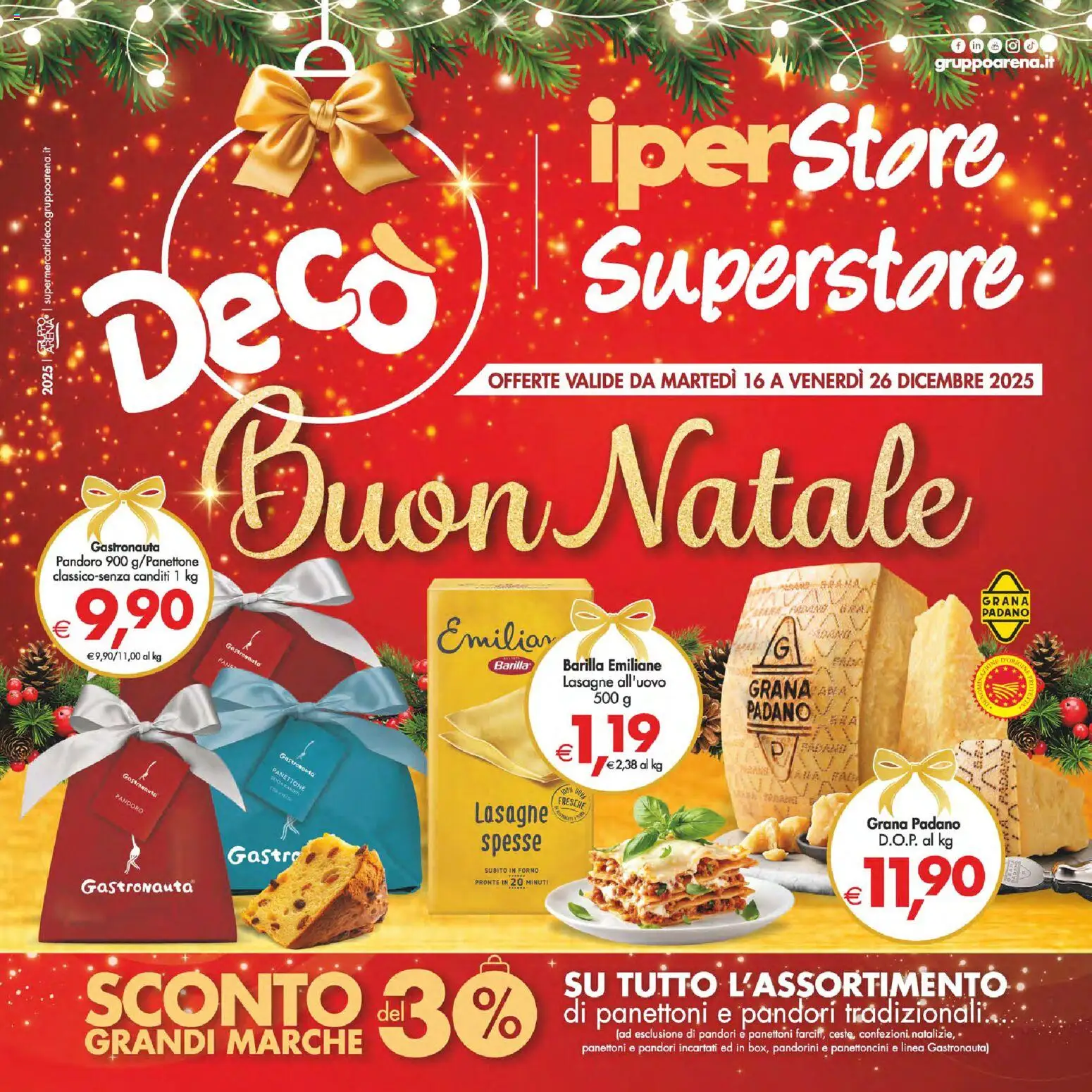Volantino Decò del 16.12.2025 | Pagina: 1 | Prodotti: Pandoro, Panettone, Grana Padano, Forno