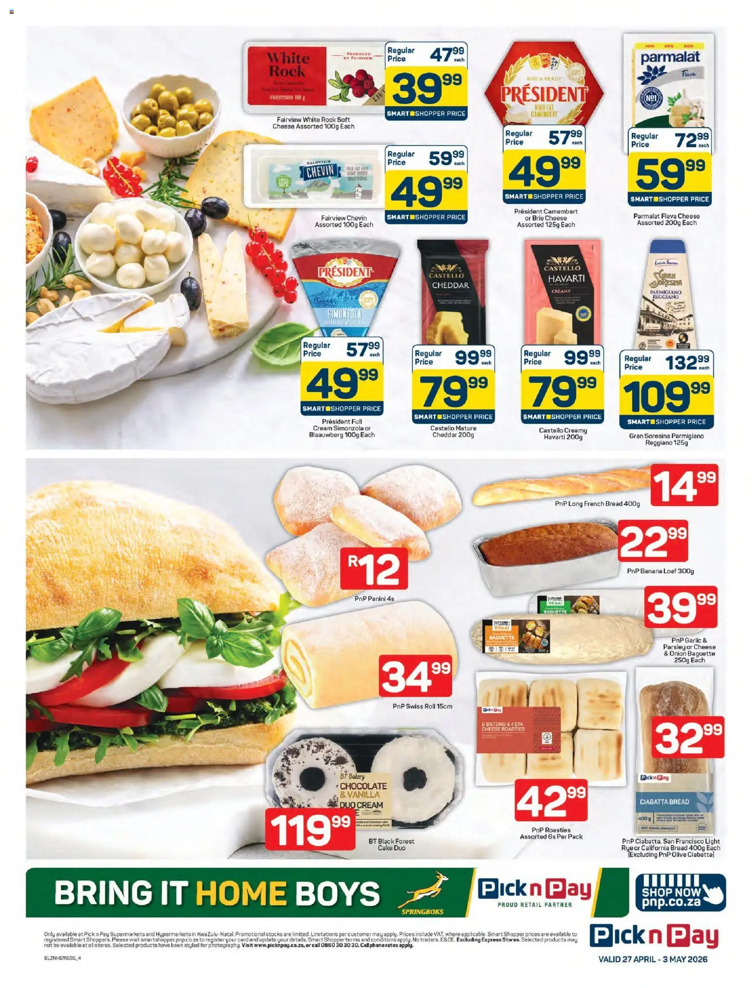 New Pick n Pay catalogue – valid from 27.04.2026 | Page: 4 | Products: Cheese, Bread, Chocolate, Garlic