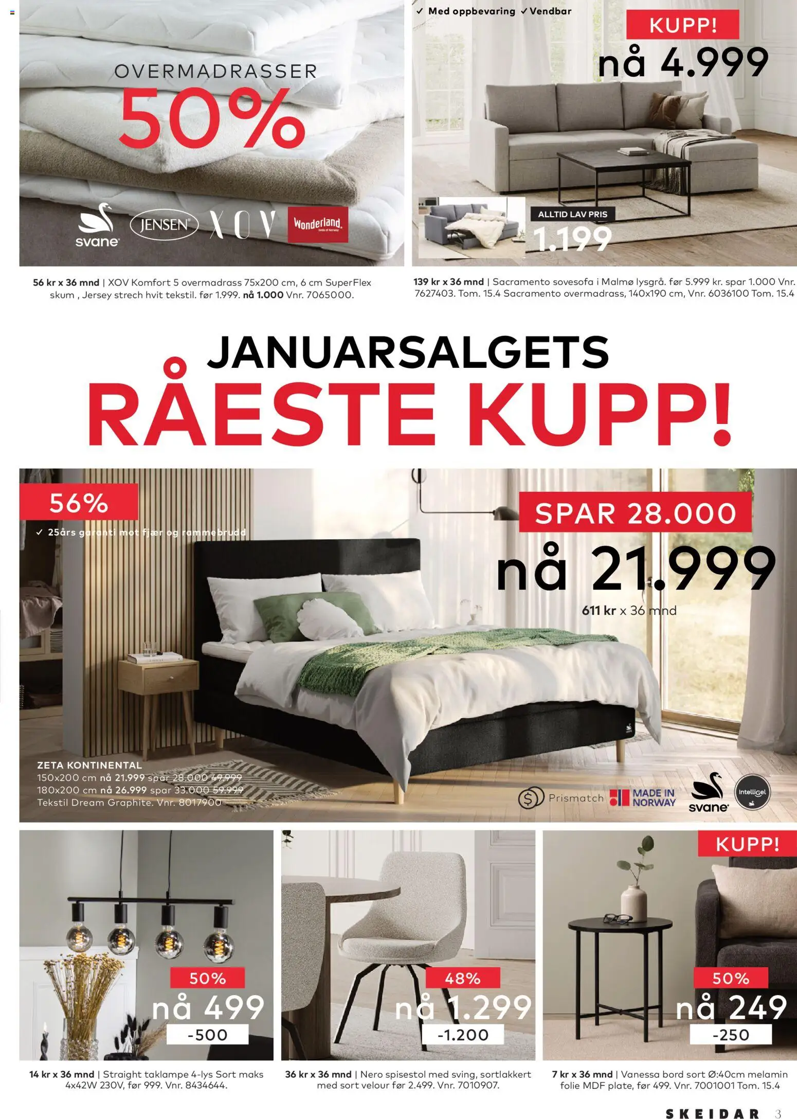 {H1} | Side: 3 | Produkter: Taklampe, Overmadrass, Sovesofa, Bord