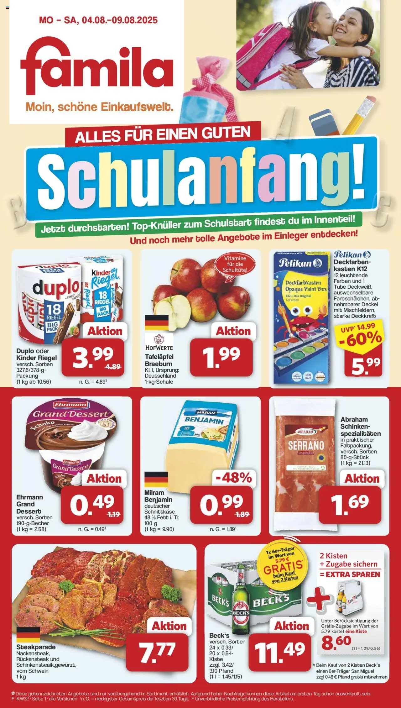 Famila Nordwest Prospekt 	 - gültig ab dem 03.08.2025 | Seite: 1 | Produkte: Ehrmann grand dessert, Kinder riegel, Milram, Schinken