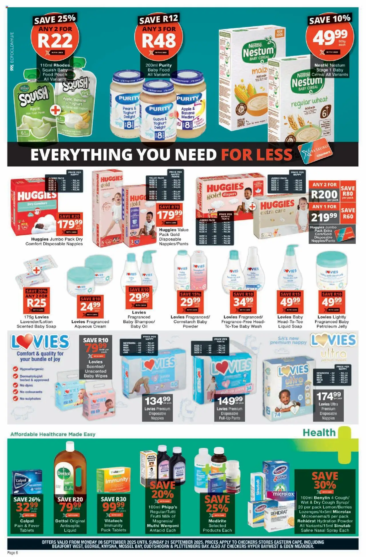 New Checkers catalogue – valid from 08.09.2025 | Page: 6 | Products: Milk, Powder, Petroleum jelly, Nappies