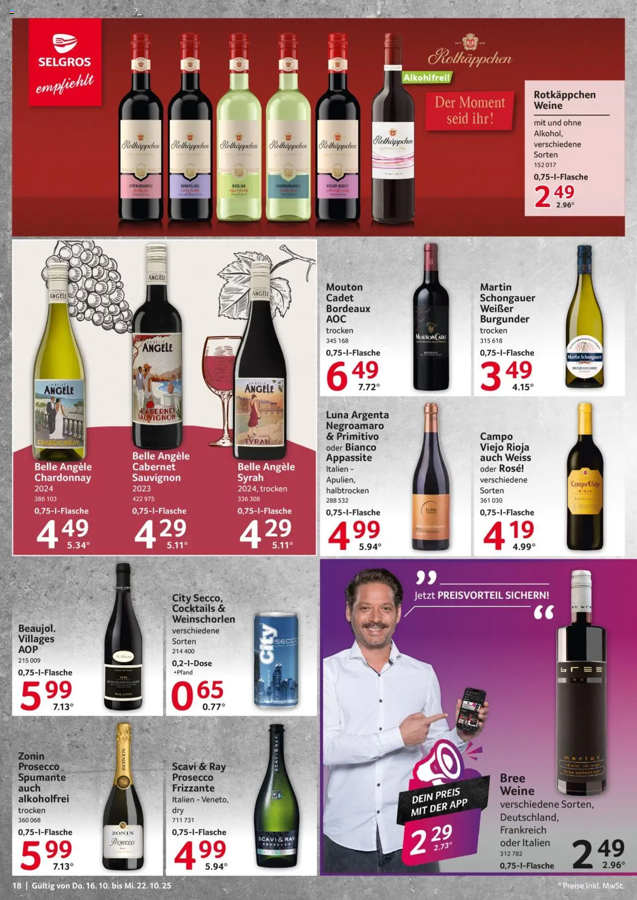 Selgros Prospekt 	 – gültig ab 16.10.2025 | Seite: 18 | Produkte: Merlot, Bree, Rouge, Prosecco