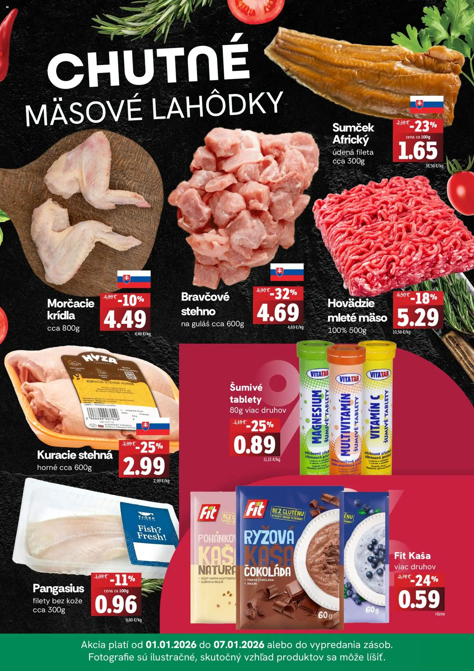 Nové Fresh akcie – leták je platný od 01.01.2026 | Strana: 2 | Produkty: Bravčové stehno, Čokoláda, Kuracie stehná, Mleté mäso