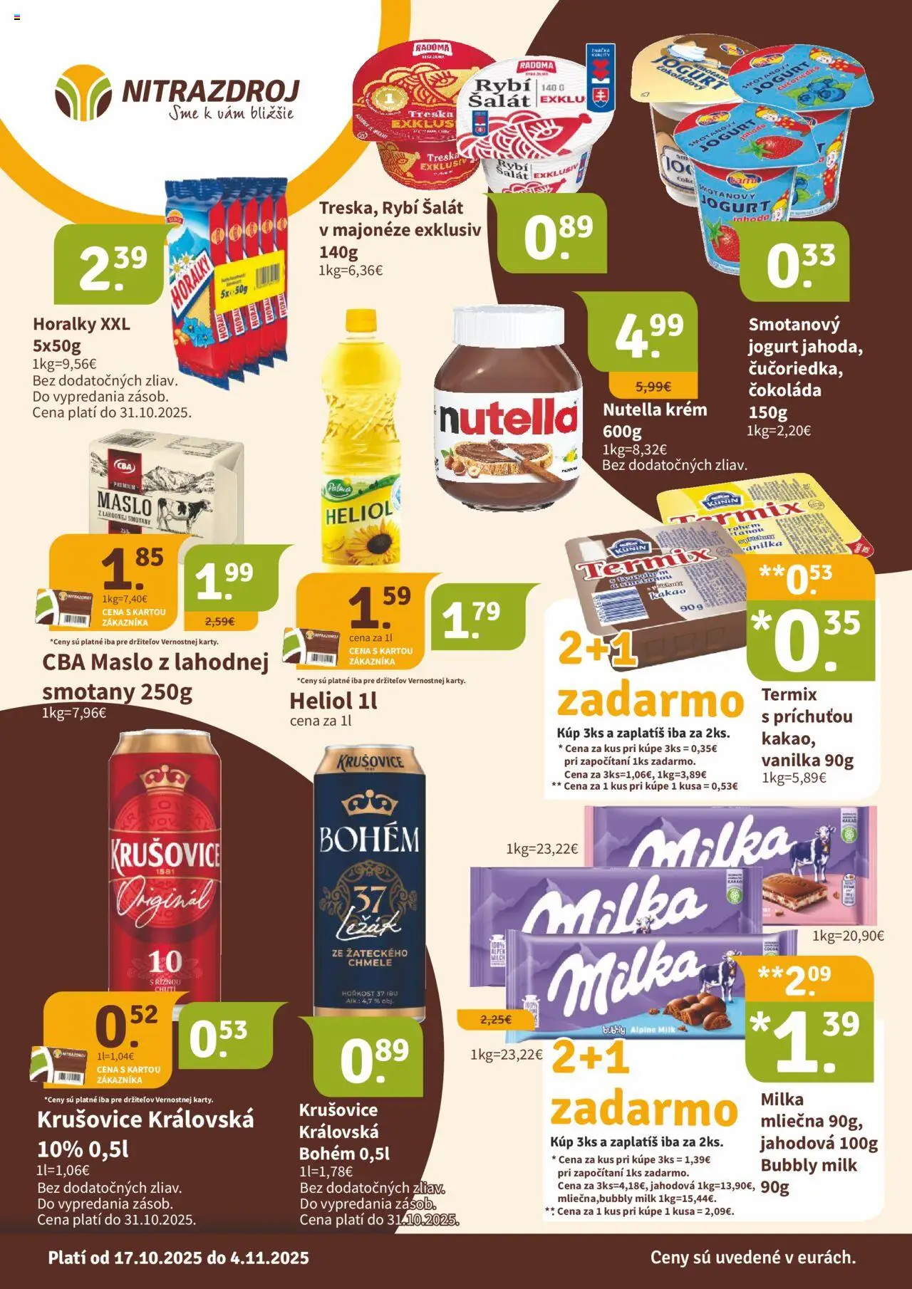 Nové Nitrazdroj akcie – leták je platný od 17.10.2025 | Strana: 1 | Produkty: Maslo, Jogurt, Čokoláda, Kakao