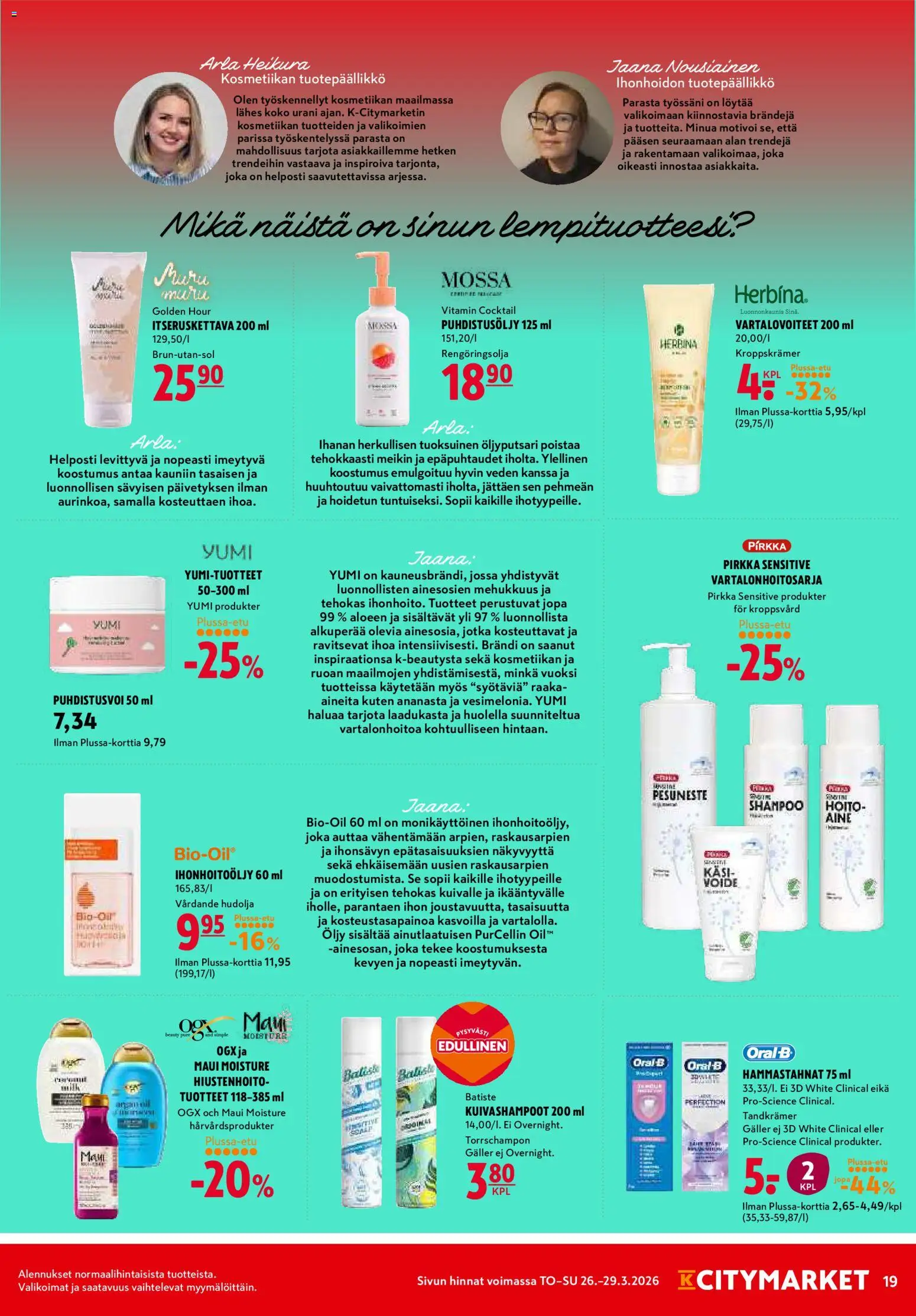 K-Citymarket tarjoukset – voimassa 26.03.2026 alkaen | Sivu: 19 | Tuotteet: Itseruskettava, Shampoo, Öljy, Pesuneste