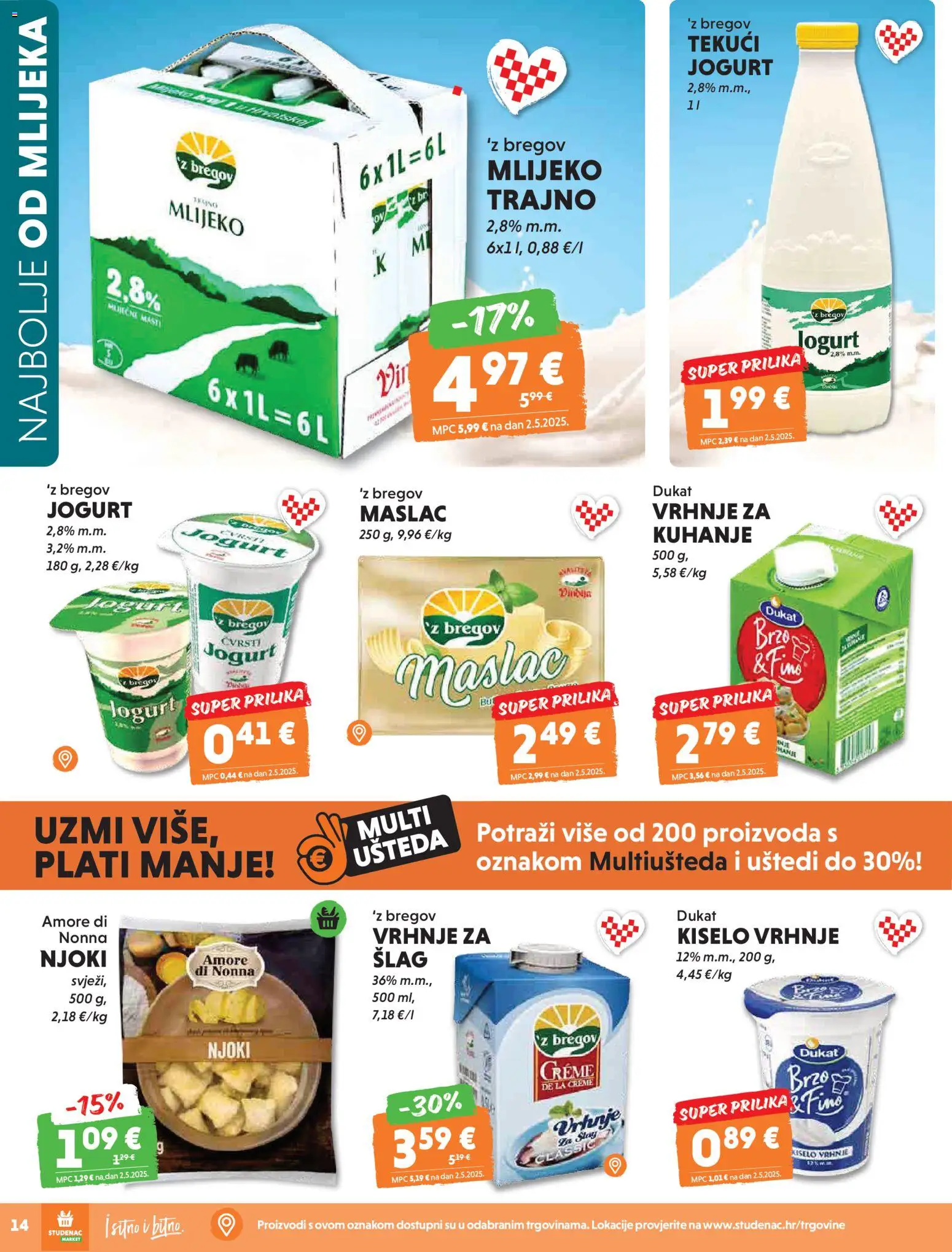Studenac katalog | vrijedi od 15.04.2026 | Stranica: 14 | Proizvodi: Jogurt, Njoki, Kiselo vrhnje, Šlag