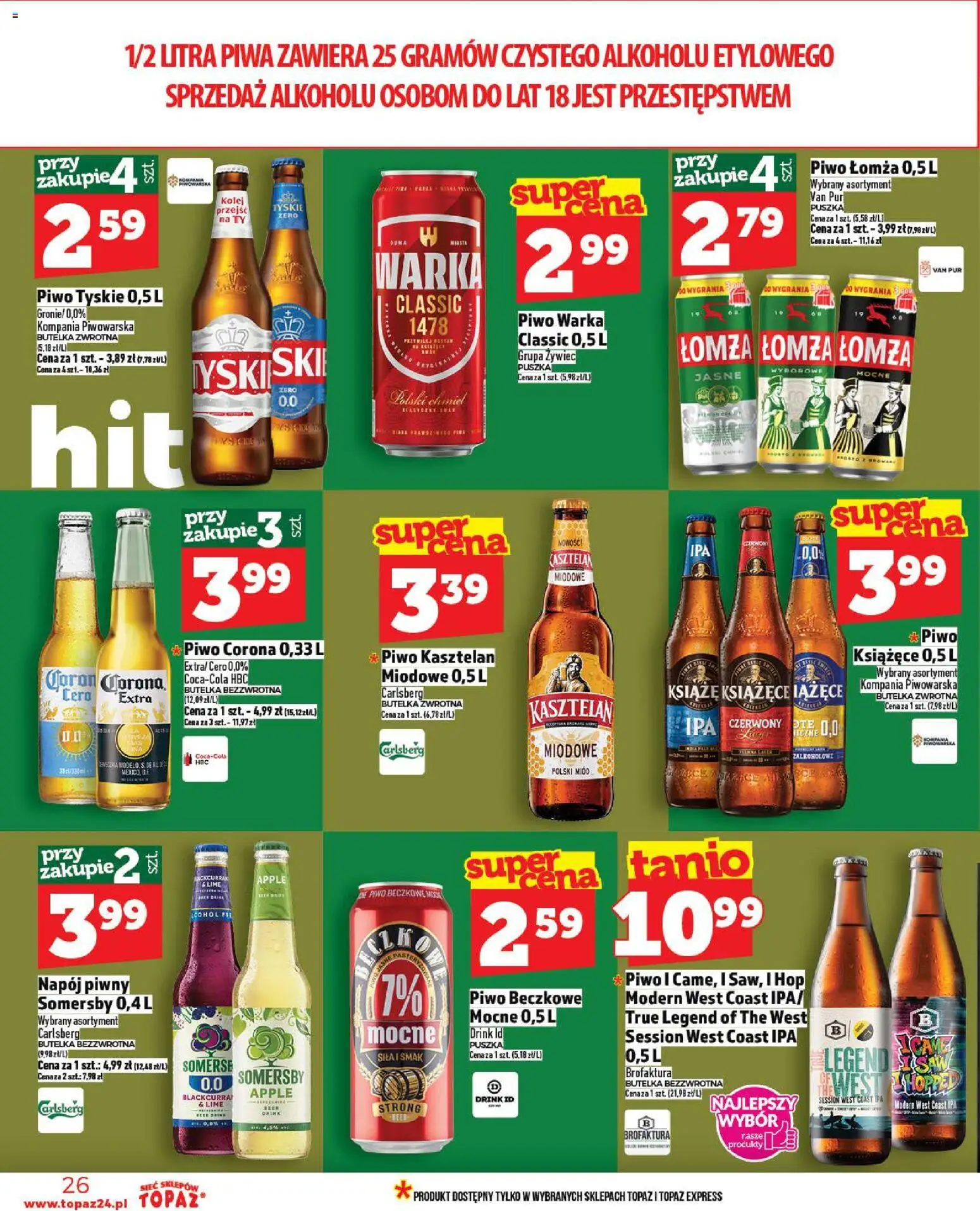 Topaz Gazetka - Ceny małe na stałe od 13.11.2025 | Strona: 26 | Produkty: Piwo Warka, Tyskie, Piwo, Somersby