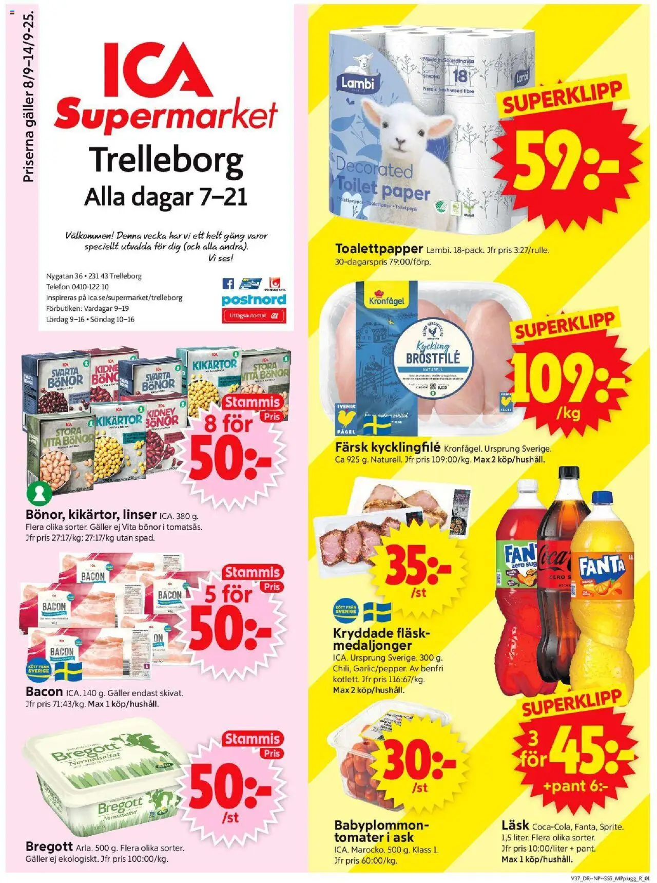 ICA Supermarket reklamblad aktuell från 08.09.2025 | Sida: 1 | Produkter: Kikärtor, Toalettpapper, Fläsk, Tomater