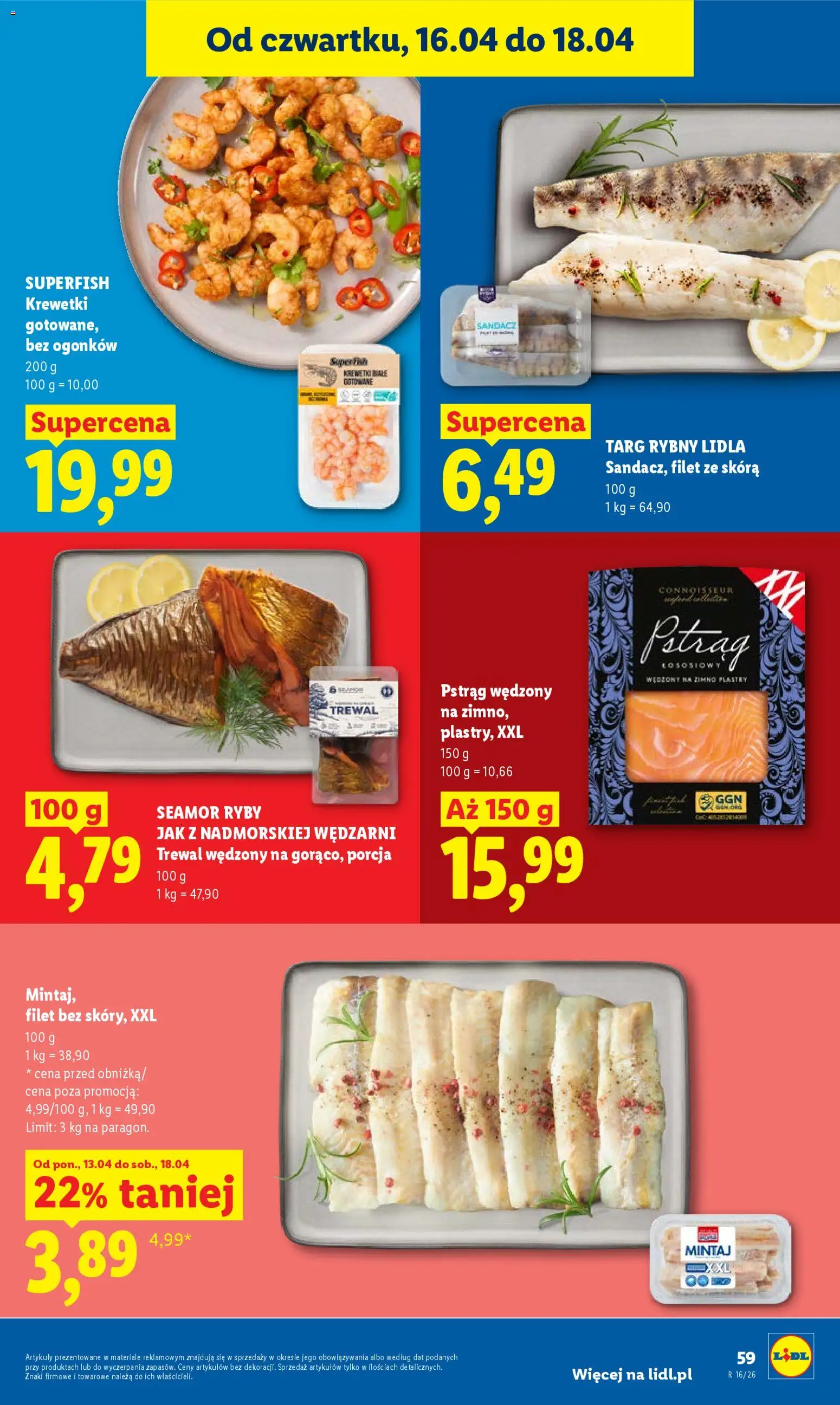 Lidl gazetka od 16.04.2026 | Strona: 59 | Produkty: Sandacz, Pstrąg łososiowy, Mintaj, Pstrąg wędzony