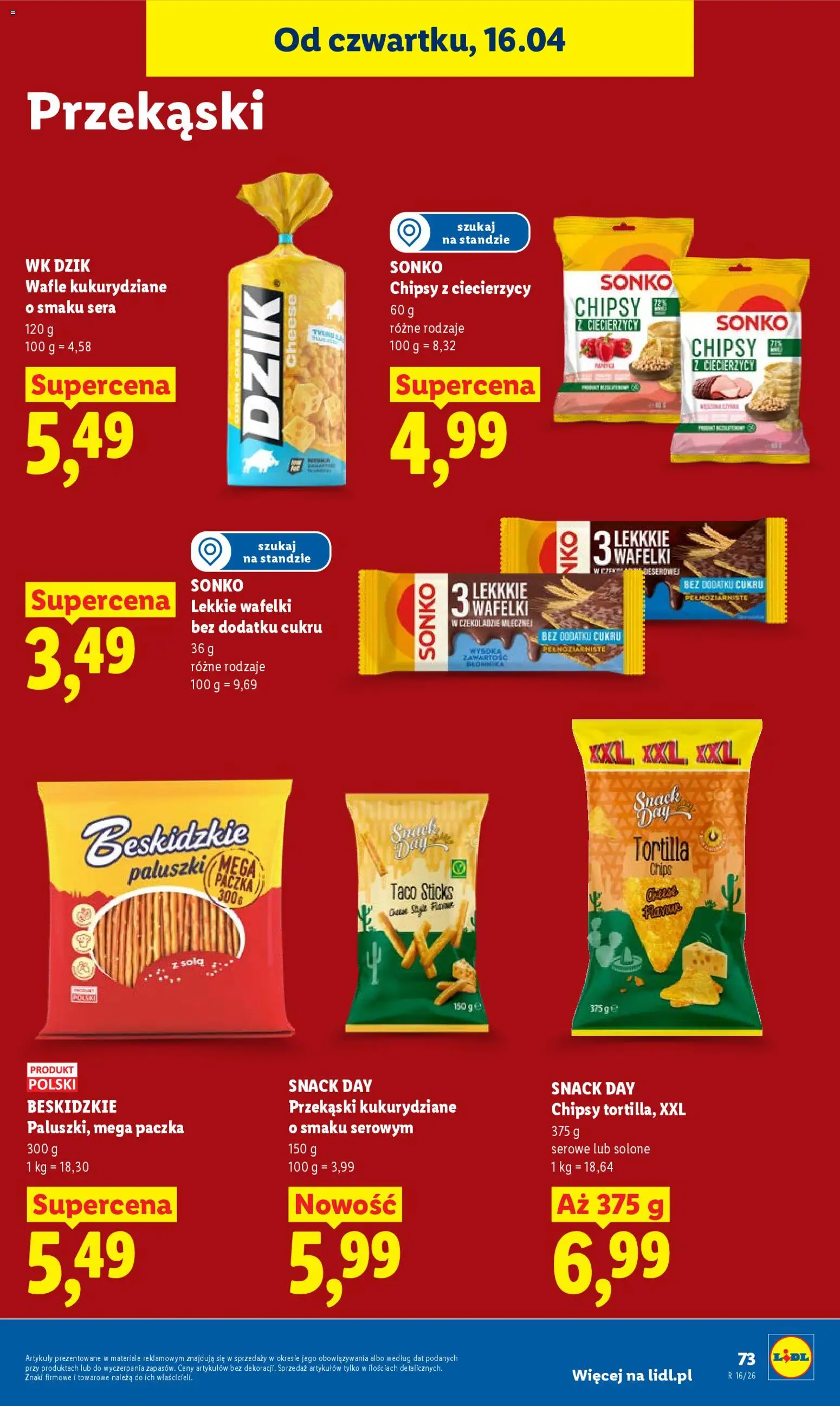 Lidl gazetka od 16.04.2026 | Strona: 73 | Produkty: Chipsy, Wafle, Tortilla, Paluszki