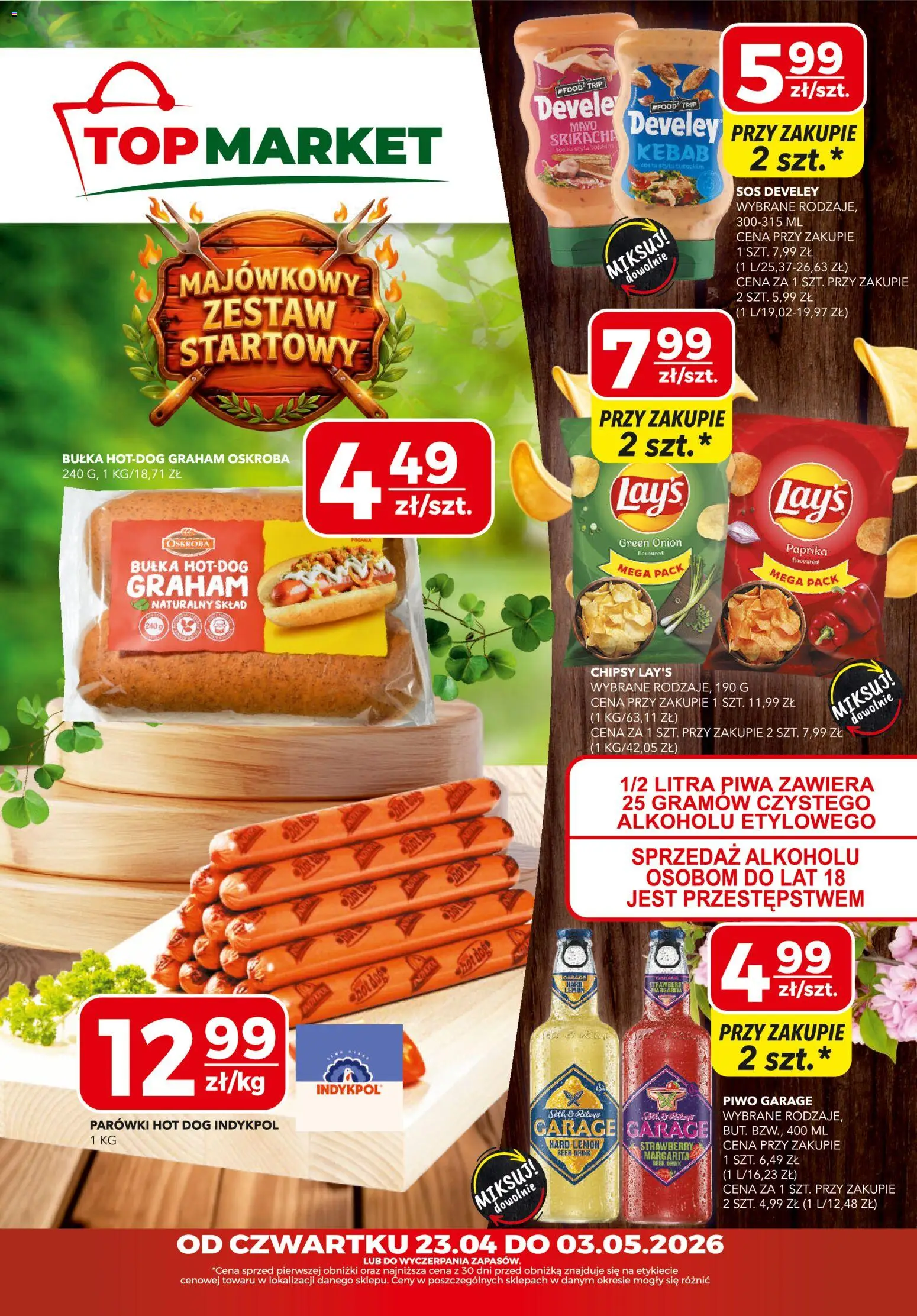 Top Market gazetka od 23.04.2026 | Strona: 1 | Produkty: Top, Chipsy, Piwo, Sos