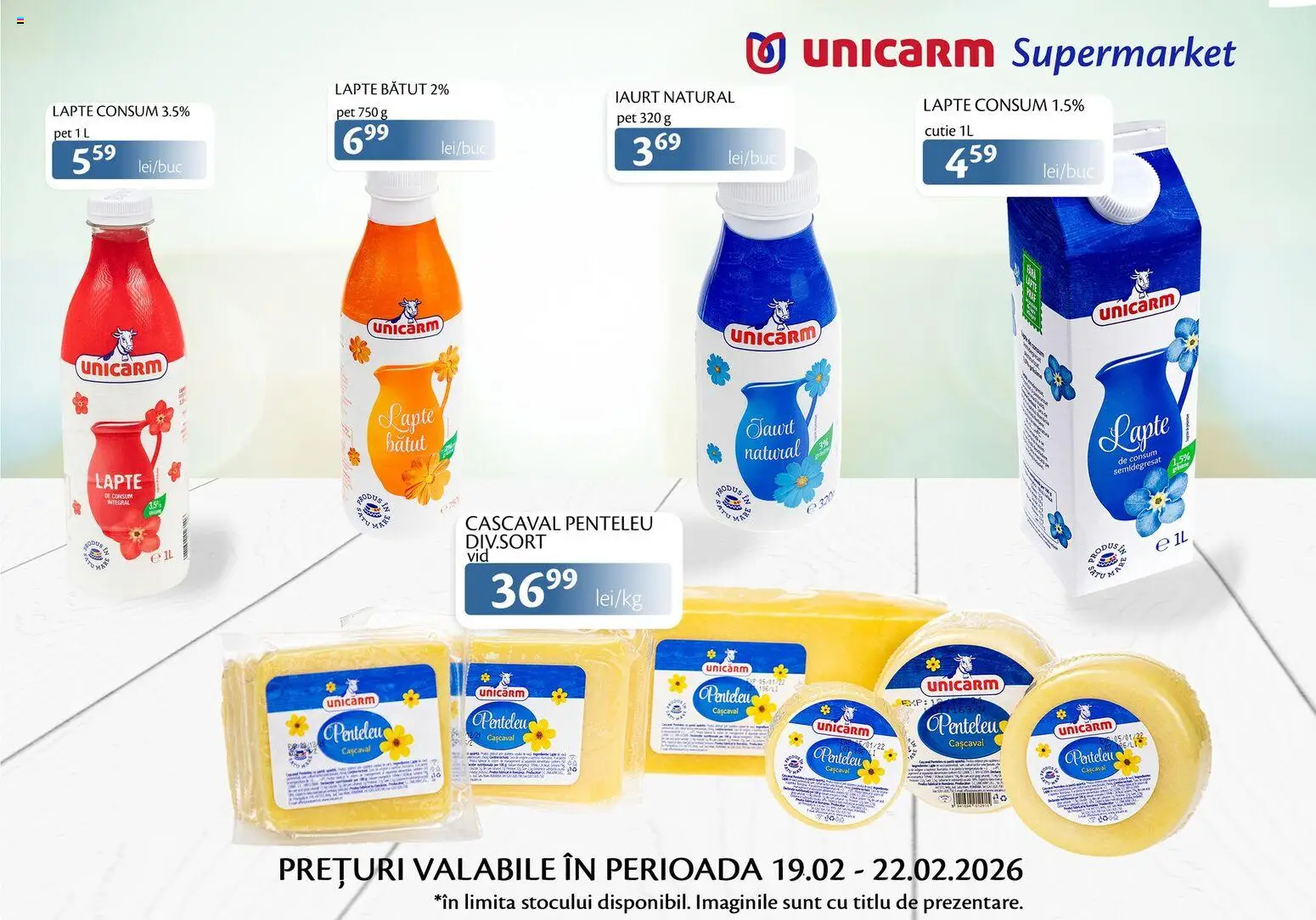 Noul catalog Unicarm – valabil de la 19.02.2026 | Pagină: 1 | Produse: Cutie, Cașcaval, Lapte, Iaurt