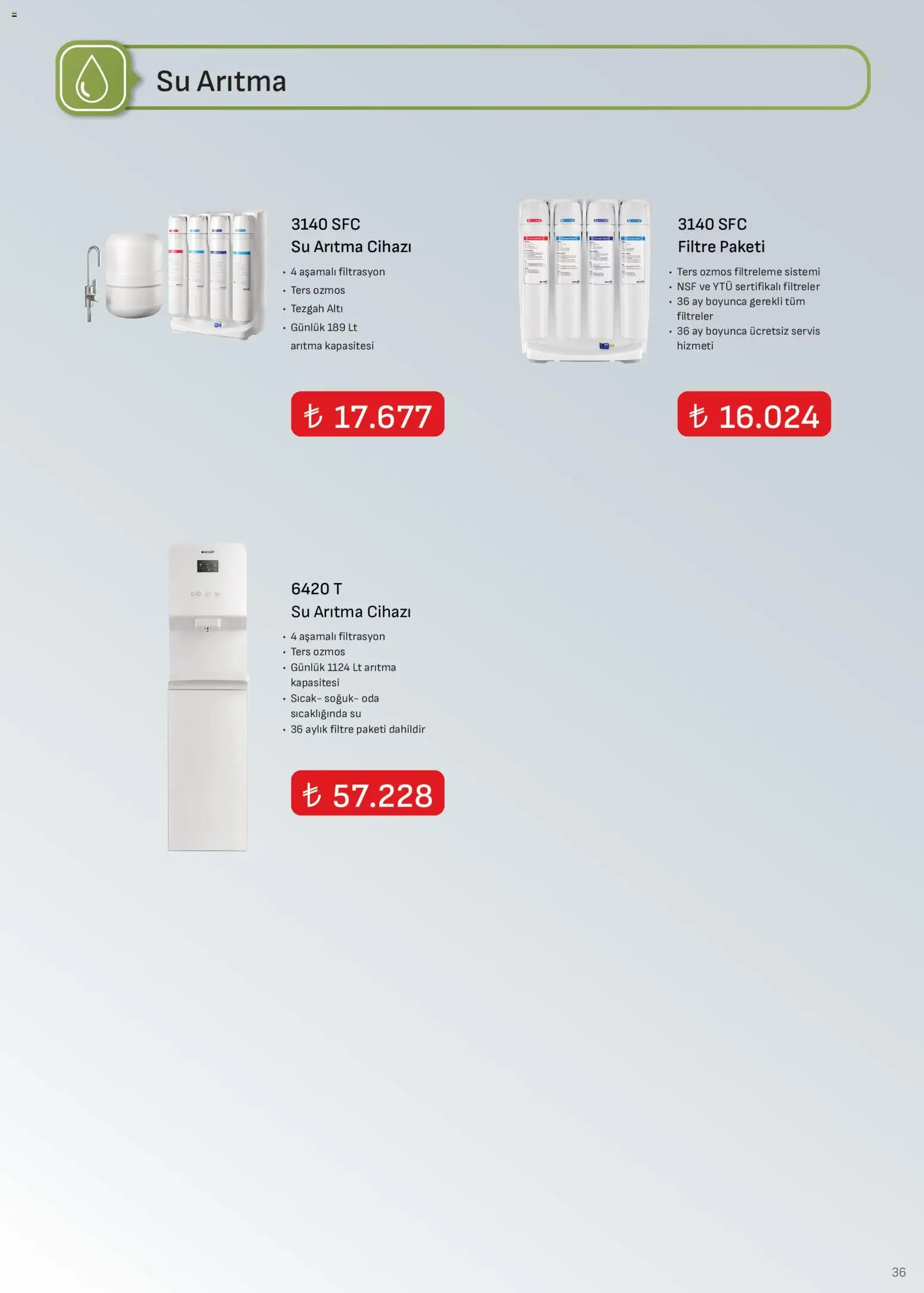 Arçelik - İklimlendirme Kataloğu - 16.03.2026 tarihinden itibaren geçerlidir | Sayfa: 36 | Ürünler: Su