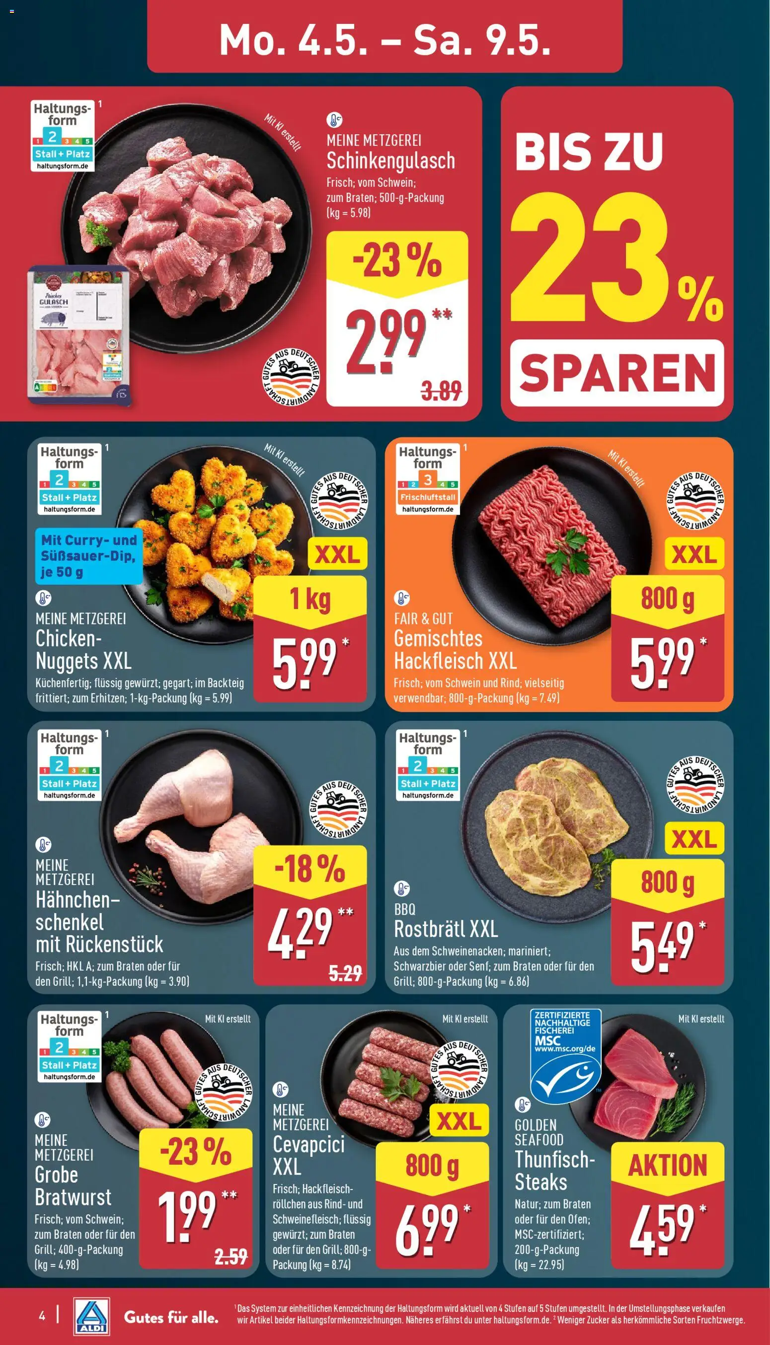 Aldi Prospekt 	 – gültig ab 04.05.2026 | Seite: 4 | Produkte: Hahnchen, Thunfisch, Zucker, Hackfleisch