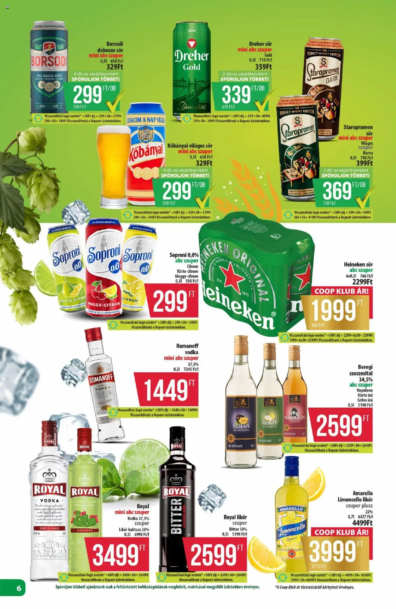 COOP akciós ujság - amely érvényes a következő dátumtól: 28.08.2025 | Oldal: 6 | Termékek: Heineken, Dreher sör, Likőr, Vodka