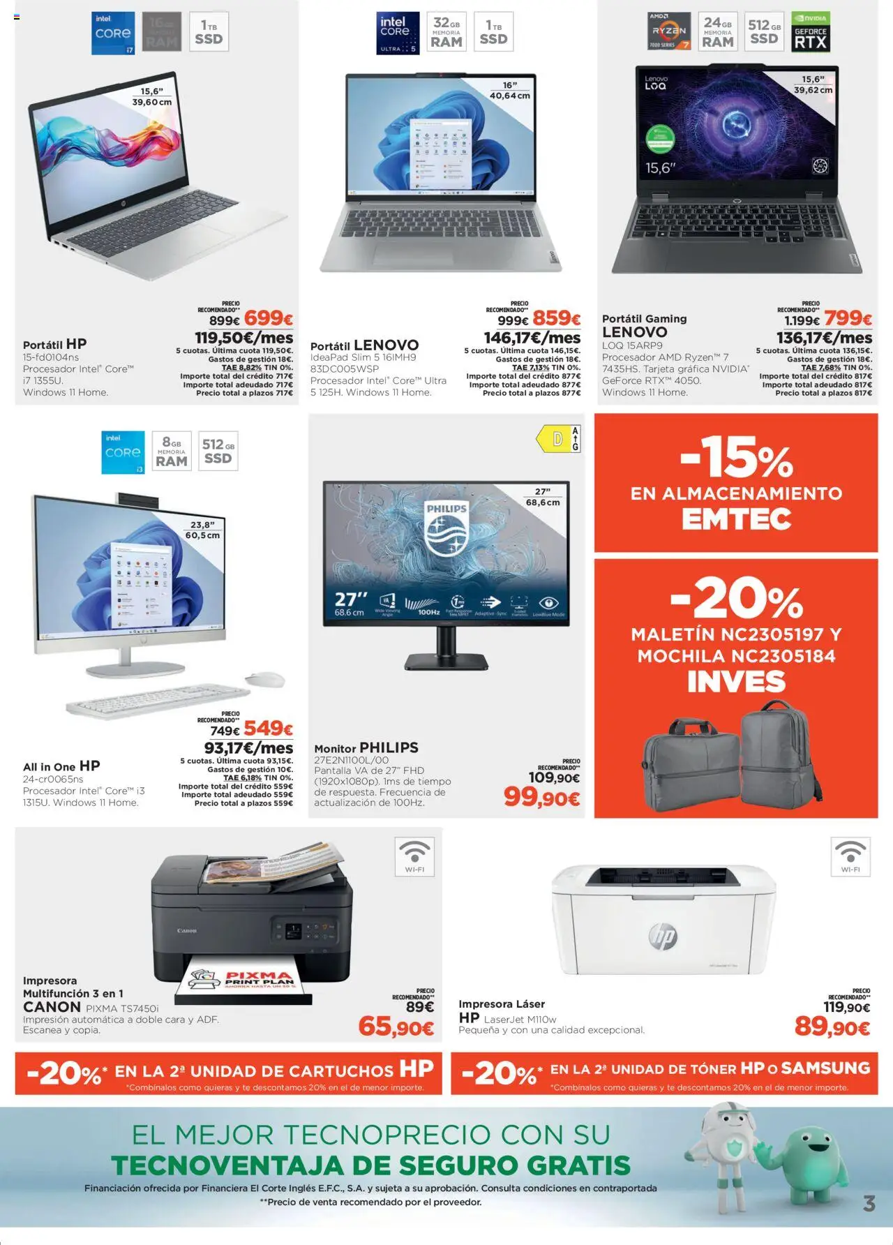 El Corte Inglés ofertas │ válido desde el 07.08.2025 | Página: 3 | Productos: Portátil HP, Mochila, Monitor, Impresora