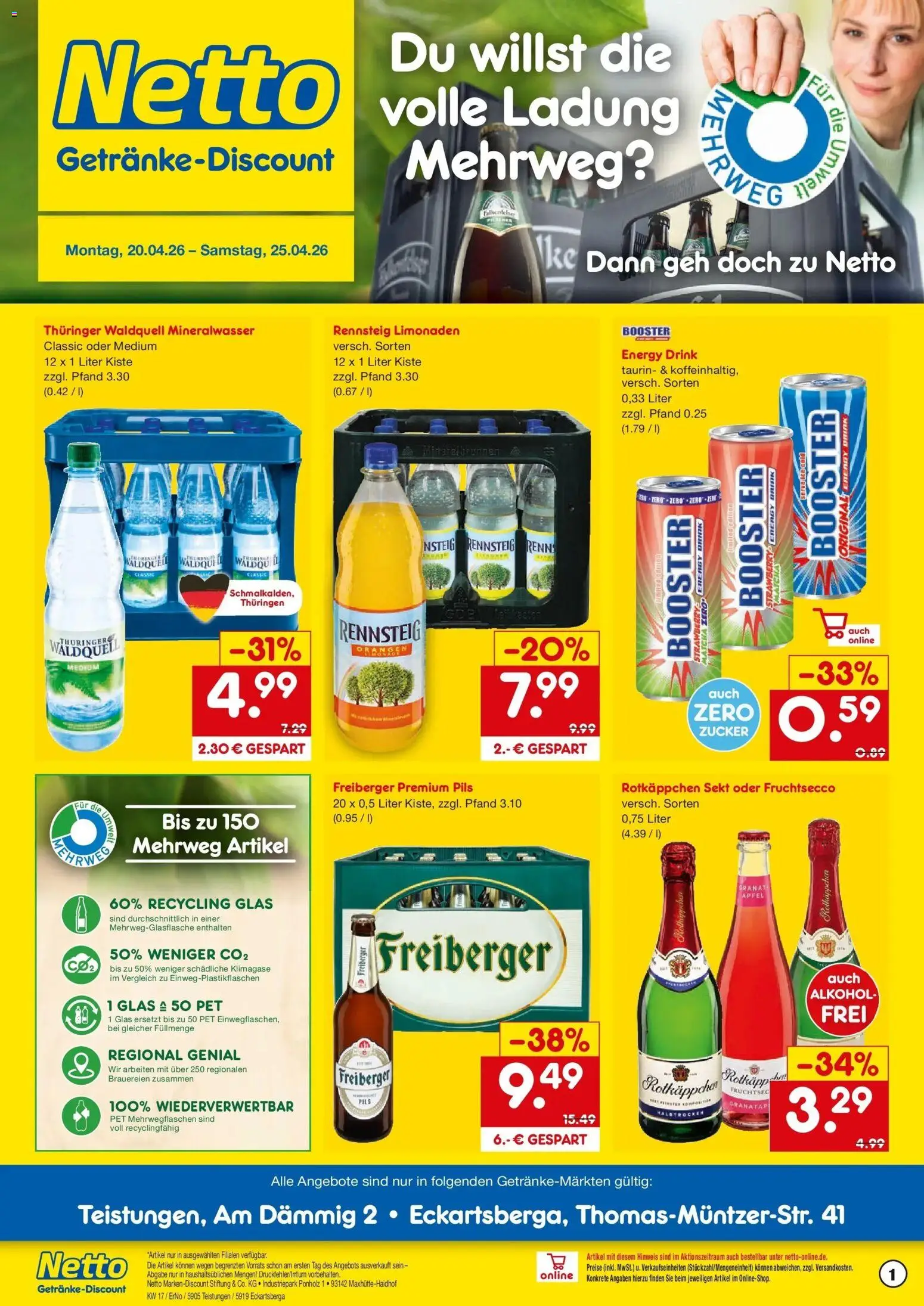 Netto Marken-Discount Prospekt Teistungen	 – gültig ab 20.04.2026 | Seite: 1 | Produkte: Energy, Orangen, Fruchtsecco, Zucker