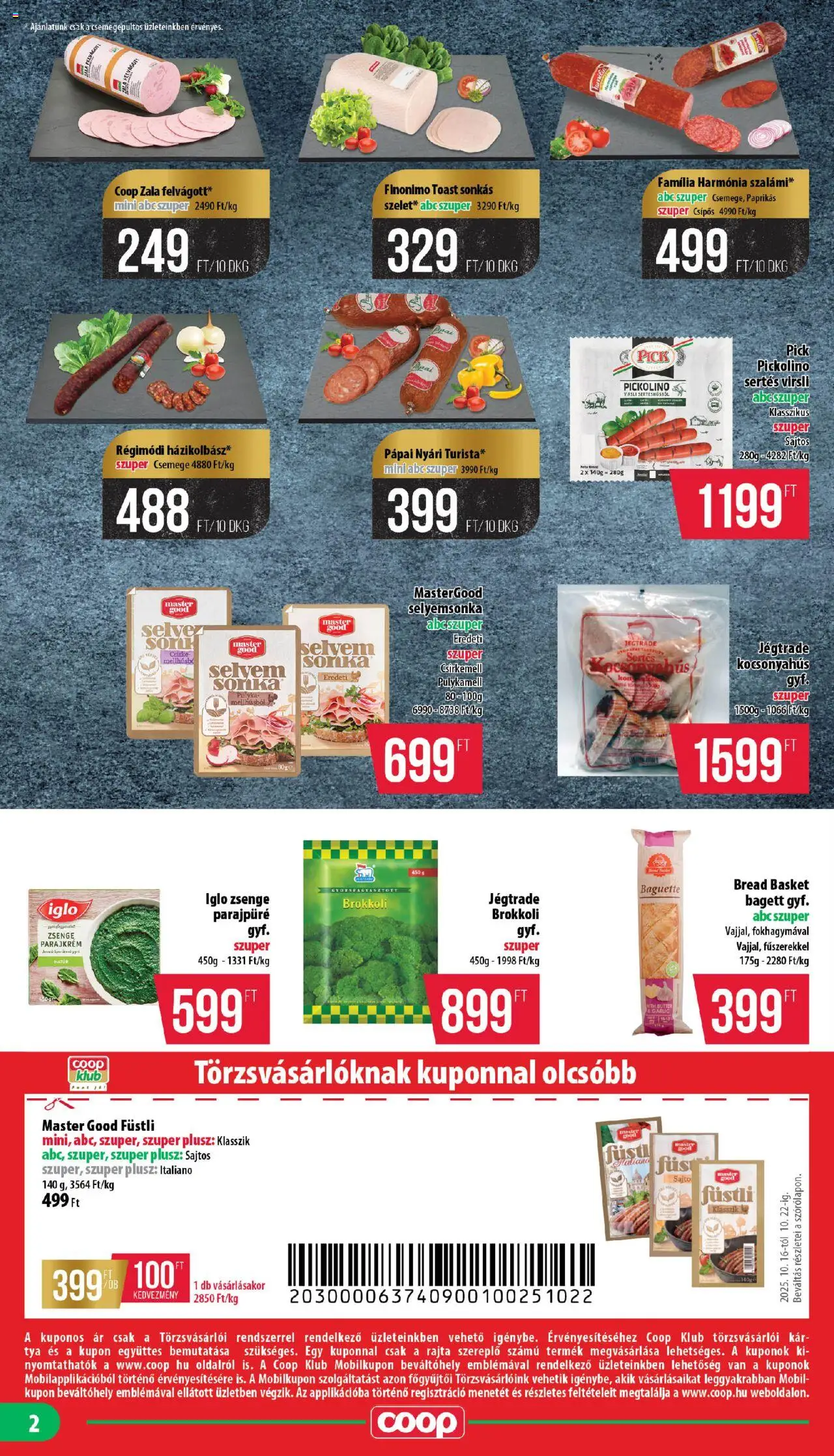 COOP akciós ujság - amely érvényes a következő dátumtól: 16.10.2025 | Oldal: 2 | Termékek: Virsli, Pick, Kocsonyahús, Csirkemell