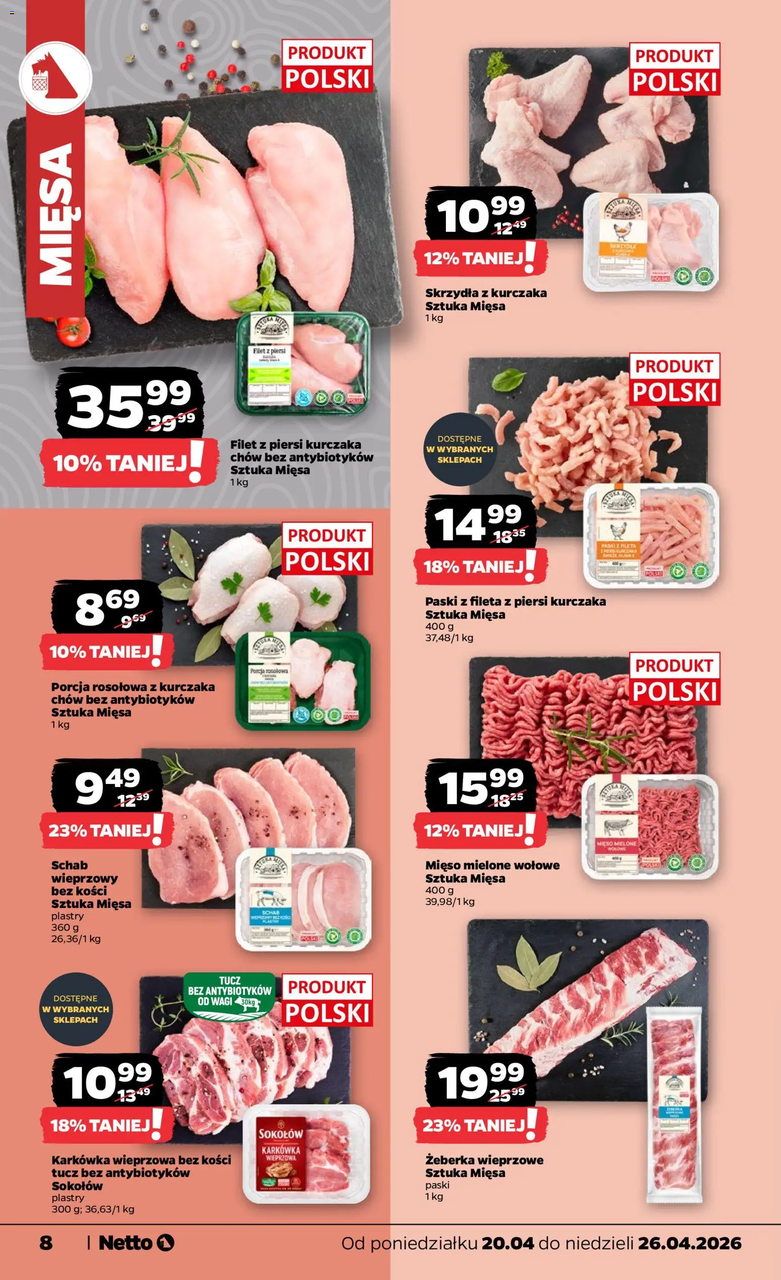 Netto gazetka od poniedziałku spożywcza od 20.04.2026 | Strona: 8 | Produkty: Karkówka, Karkówka wieprzowa, Mięso mielone, Filet z piersi kurczaka