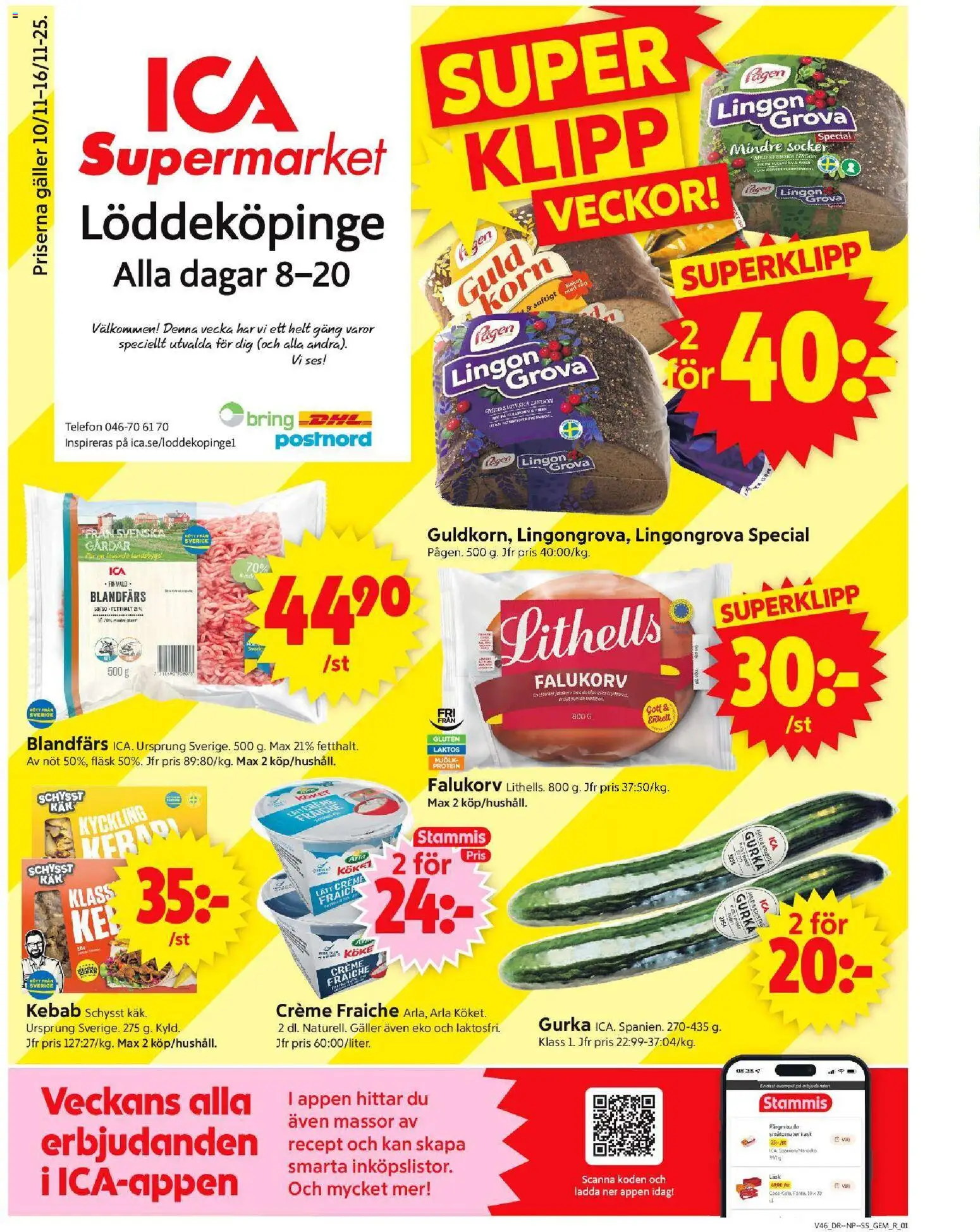 ICA Supermarket reklamblad aktuell från 10.11.2025 | Sida: 1 | Produkter: Galler, Fläsk, Telefon, Gurka