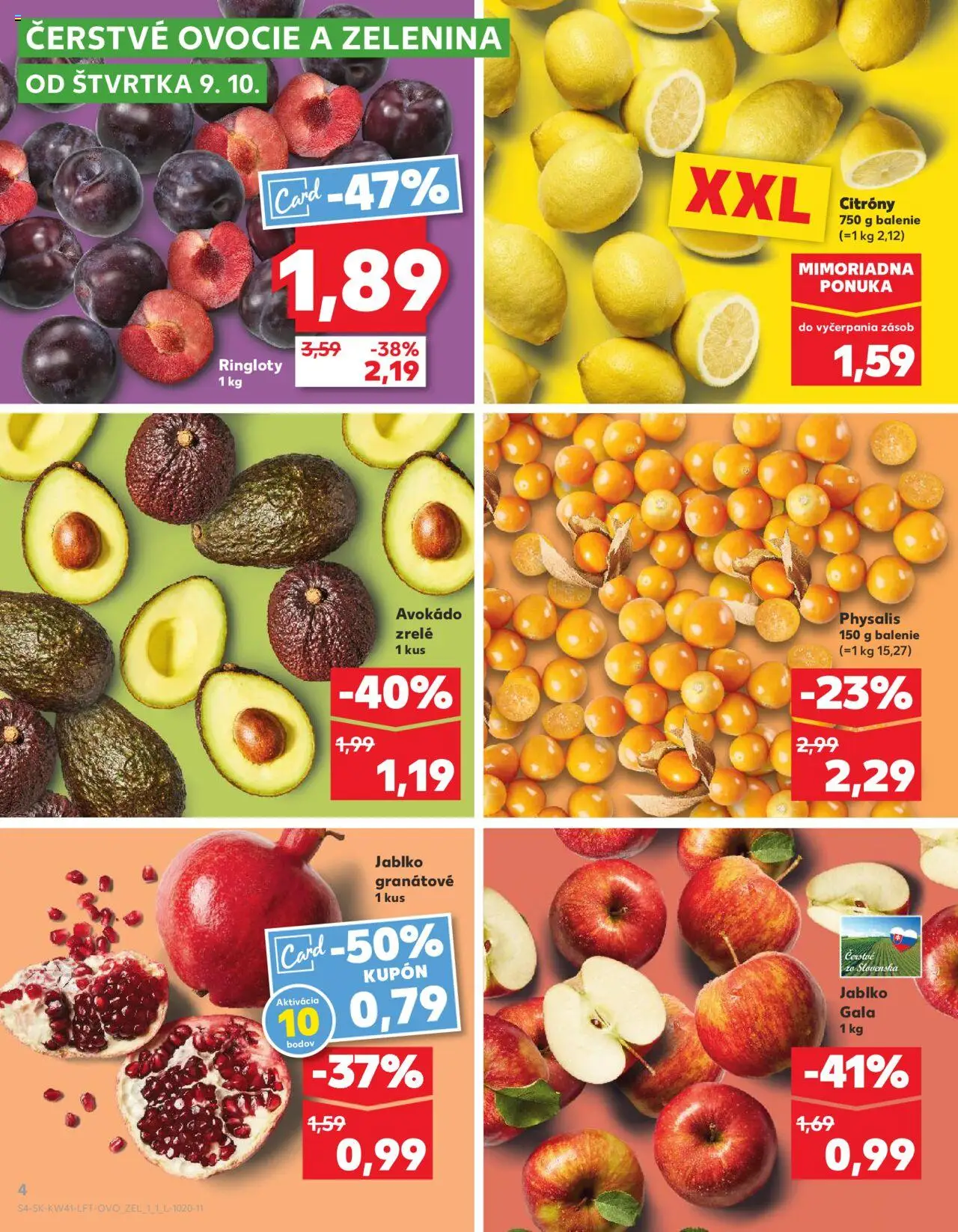 Nové Kaufland akcie – leták je platný od 09.10.2025 | Strana: 4 | Produkty: Apple, Citróny, Avokádo, Ovocie