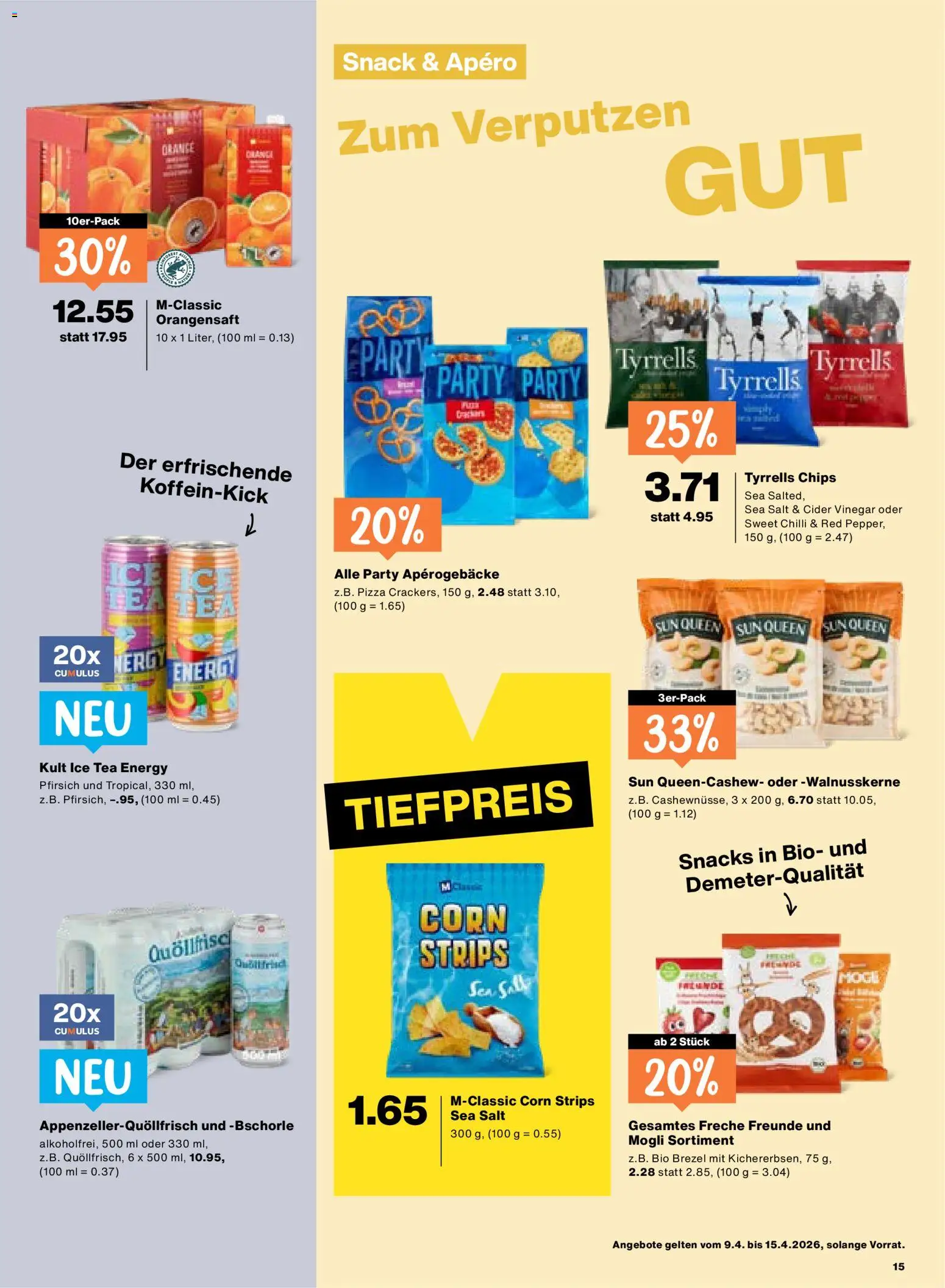 Migros aktionen – gültig ab 09.04.2026 | Seite: 15 | Produkte: Orangensaft, Pizza, Chips, Pfirsich