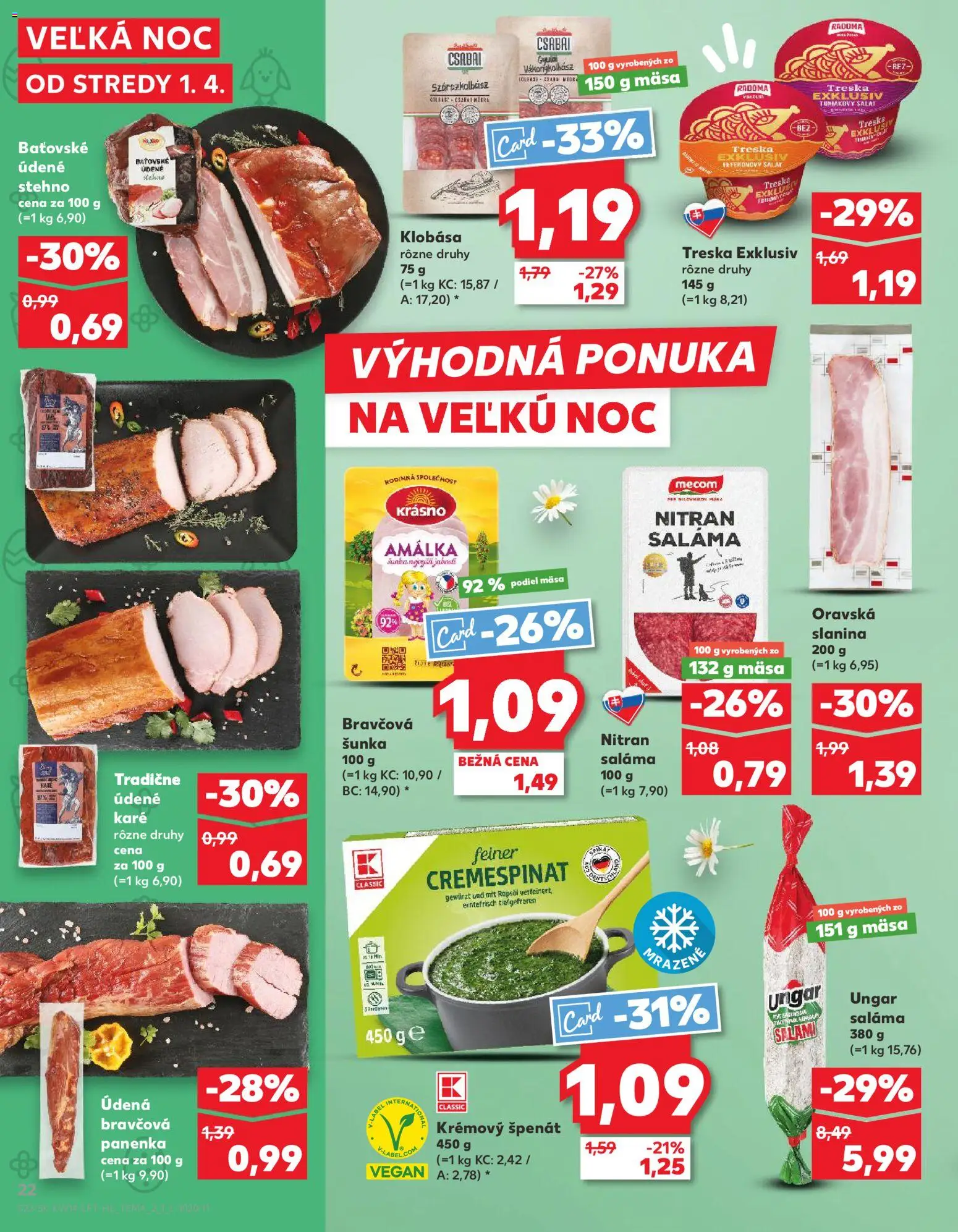 Nové Kaufland akcie – leták je platný od 01.04.2026 | Strana: 22 | Produkty: Saláma, Šunka, Slanina, Bravčová panenka