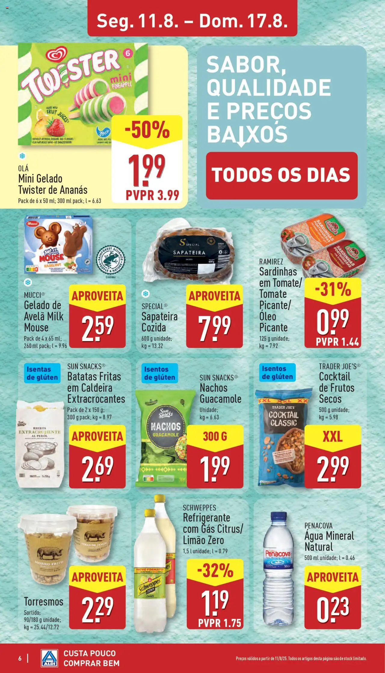 Aldi folheto │ válido de 11.08.2025 | Página: 6 | Produtos: Agua, Refrigerante, Óleo, Sapateira