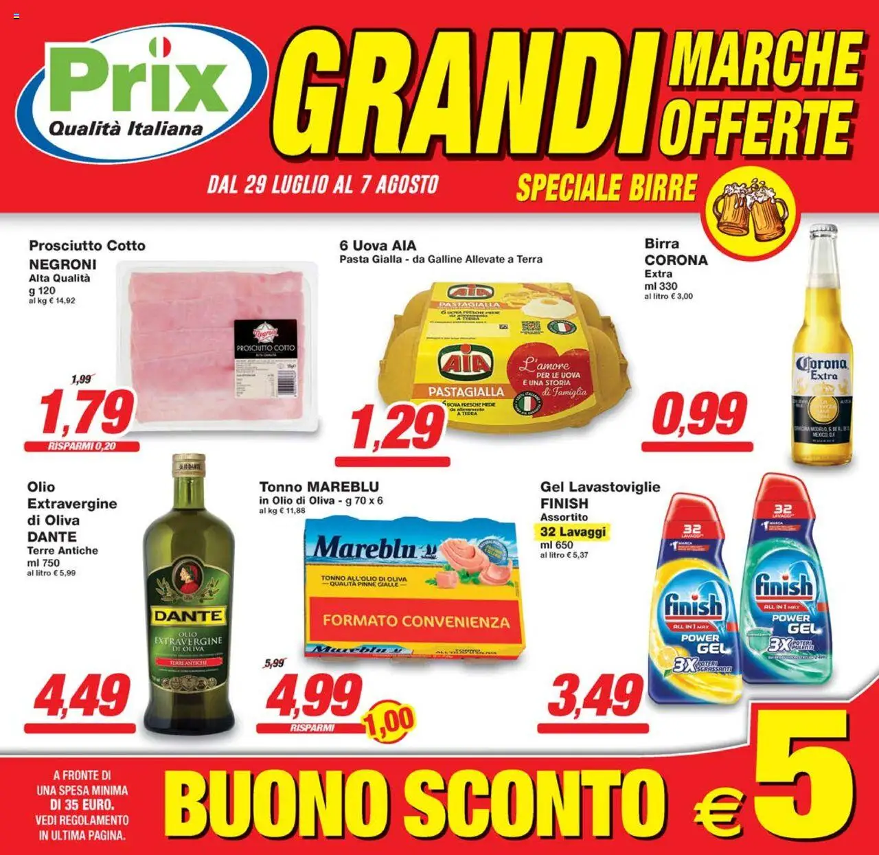 Volantino Prix del 29.07.2025 | Pagina: 1 | Prodotti: Prosciutto, Pasta, Lavastoviglie, Olio di Oliva