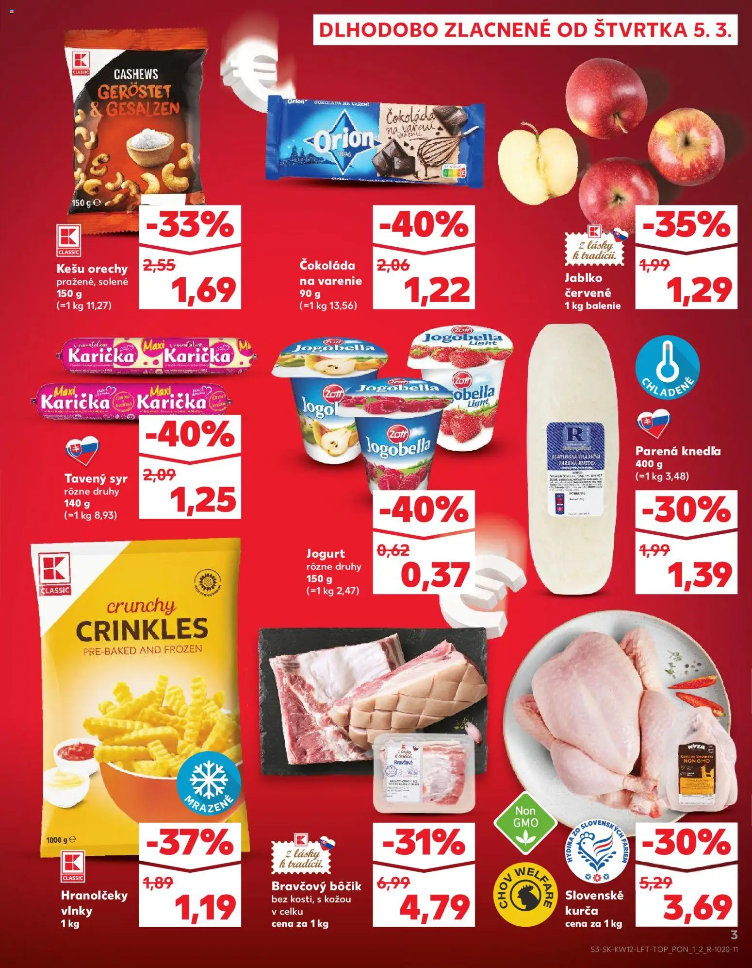 Nové Kaufland akcie – leták je platný od 19.03.2026 | Strana: 3 | Produkty: Syr, Bravčový bôčik, Orechy, Kešu orechy