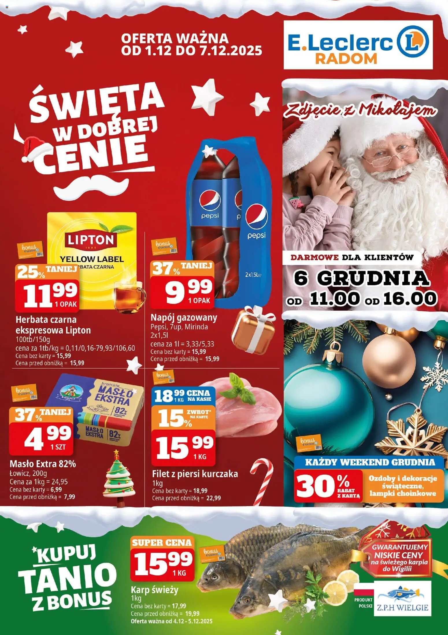 E.Leclerc Gazetka - Radom od 01.12.2025 | Strona: 1 | Produkty: Piersi, Lampki choinkowe, Pepsi, Masło