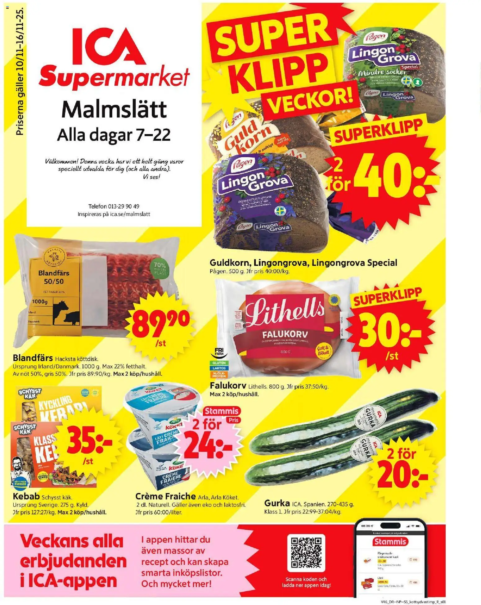 ICA Supermarket reklamblad aktuell från 10.11.2025 | Sida: 1 | Produkter: Lingongrova, Falukorv, Blandfärs, Creme fraiche