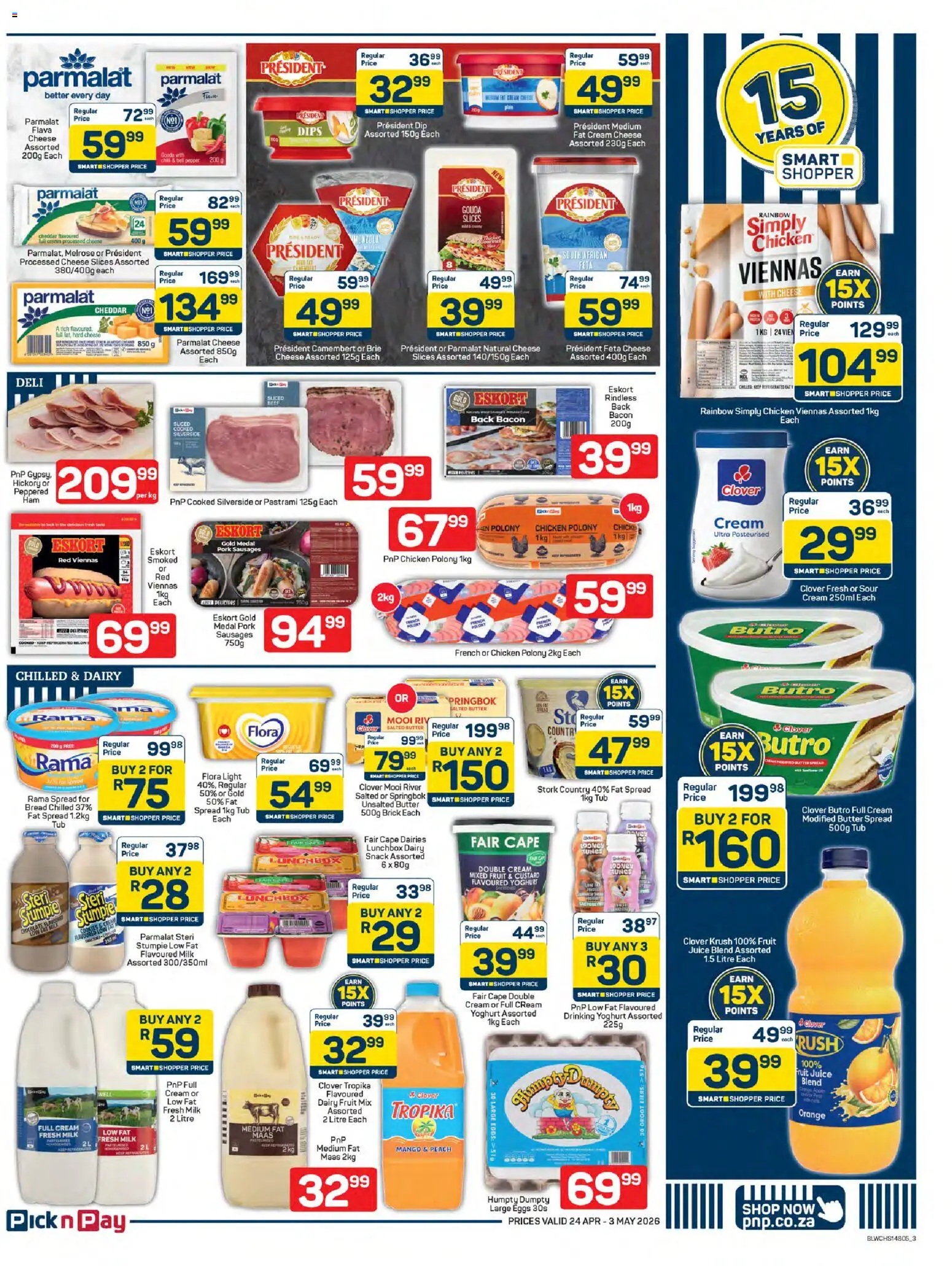 New Pick n Pay catalogue – valid from 24.04.2026 | Page: 3 | Products: Butter, Juice, Sour cream, Máscara de pestañas
