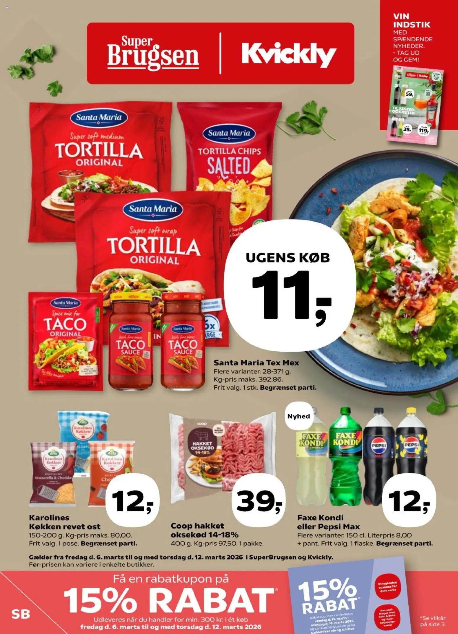 Super Brugsen tilbudsavis – gyldig fra 06.03.2026 | Side: 1 | Produkter: Cheddar, Faxe Kondi, Taco, Pepsi