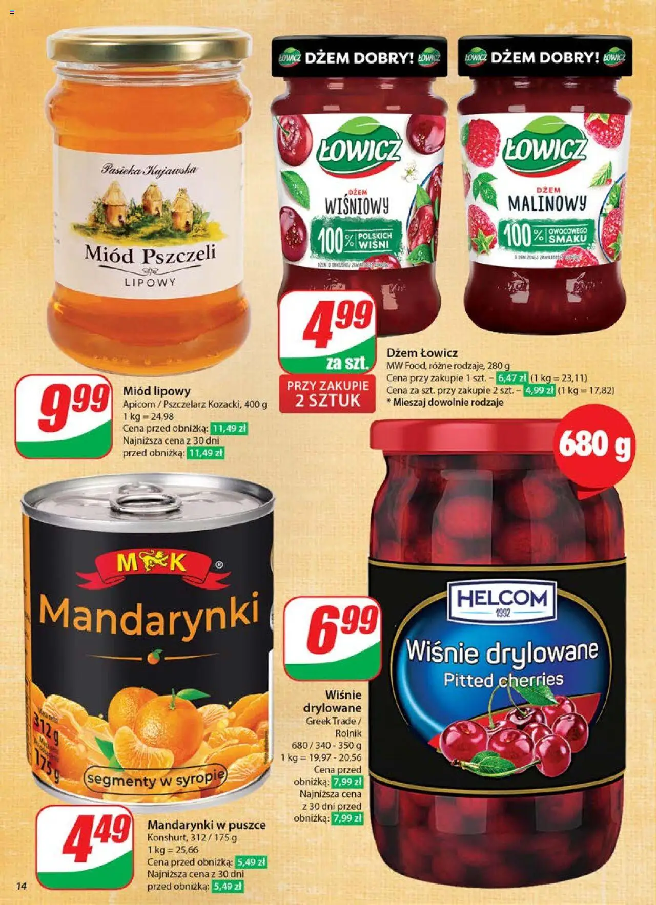 Dino Gazetka od 04.06.2025 | Strona: 14 | Produkty: Miód, Wiśnie, Wiśnie drylowane, Mandarynki