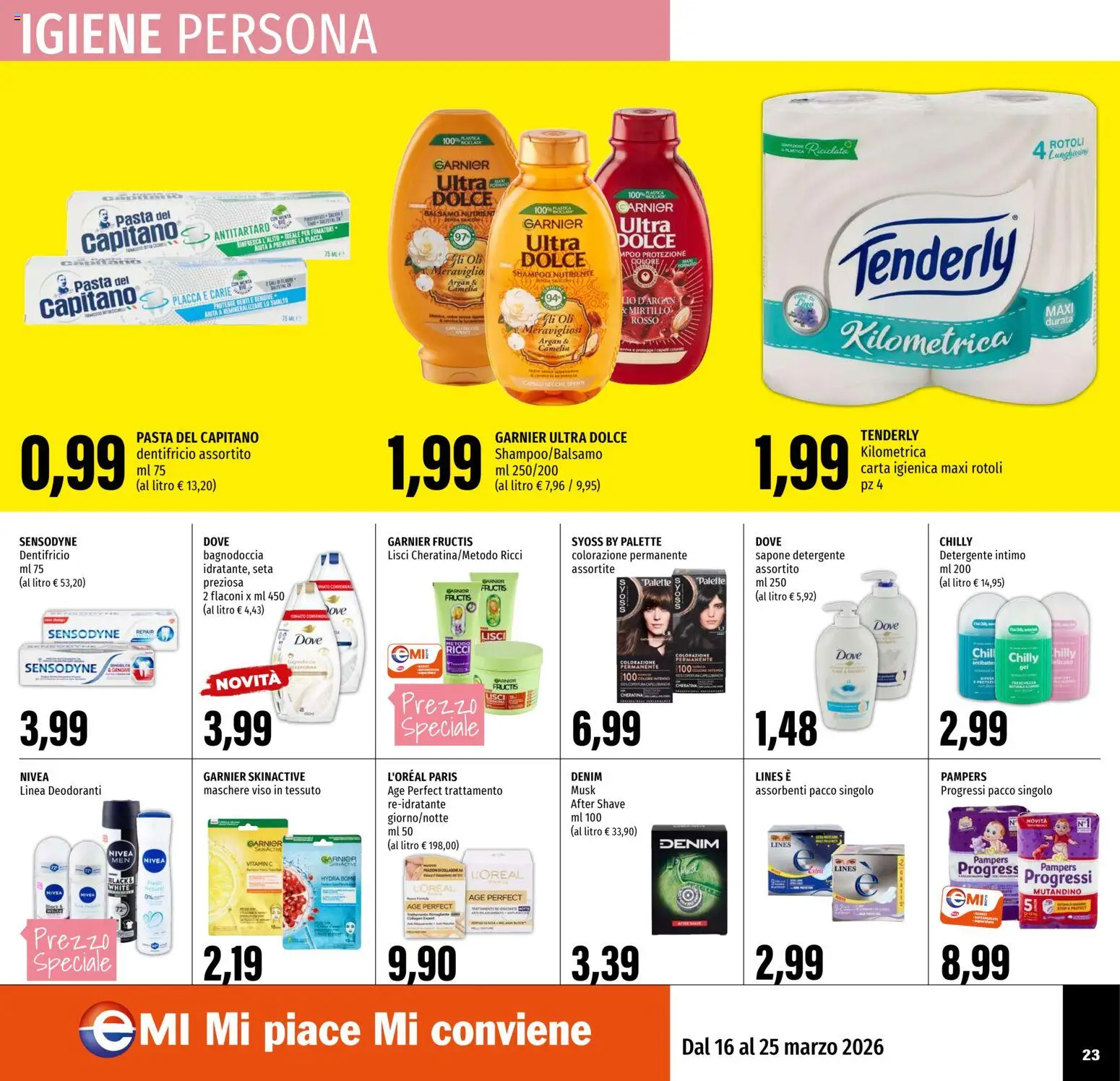 Volantino EMI del 16.03.2026 | Pagina: 23 | Prodotti: Shampoo, Carta igienica, Detergente, Intimo