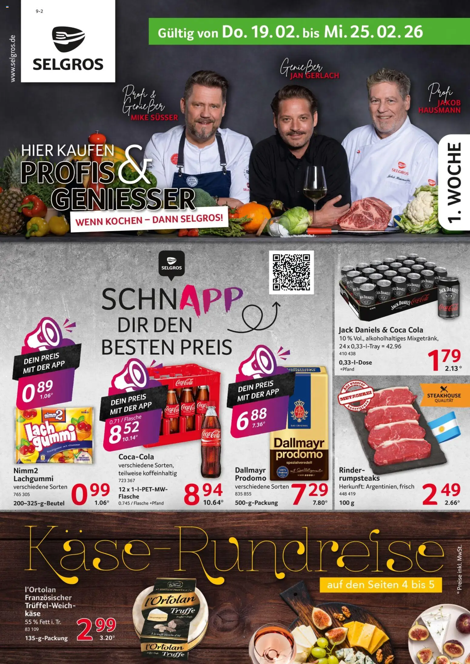 Selgros Prospekt 	 – gültig ab 19.02.2026 | Seite: 1 | Produkte: Cola, Käse, Jack Daniel's, Dallmayr