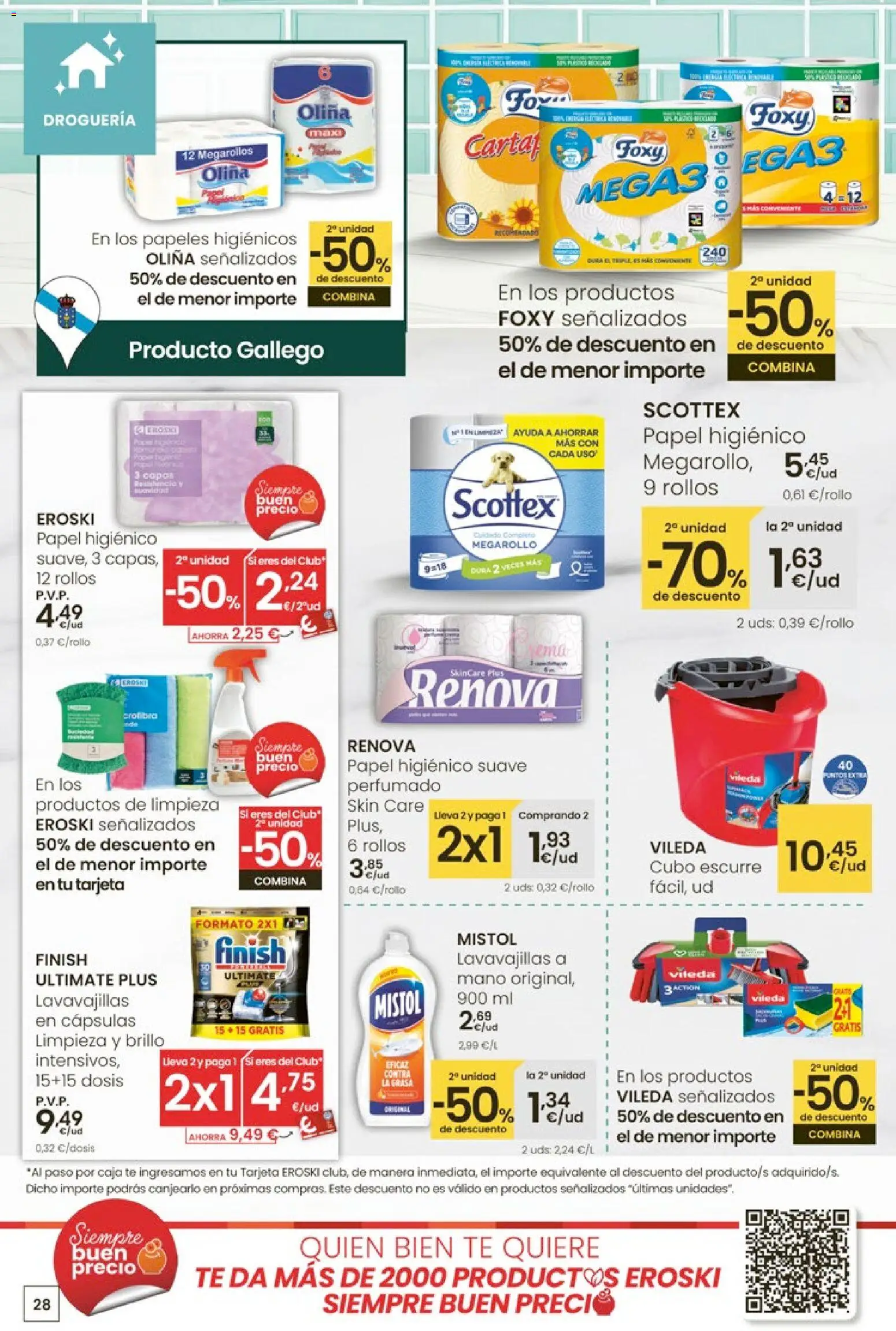 Eroski - 50 de descuento │ válido desde el 26.02.2026 | Página: 28 | Productos: Papel higienico, Copos, Lavavajillas, Caja