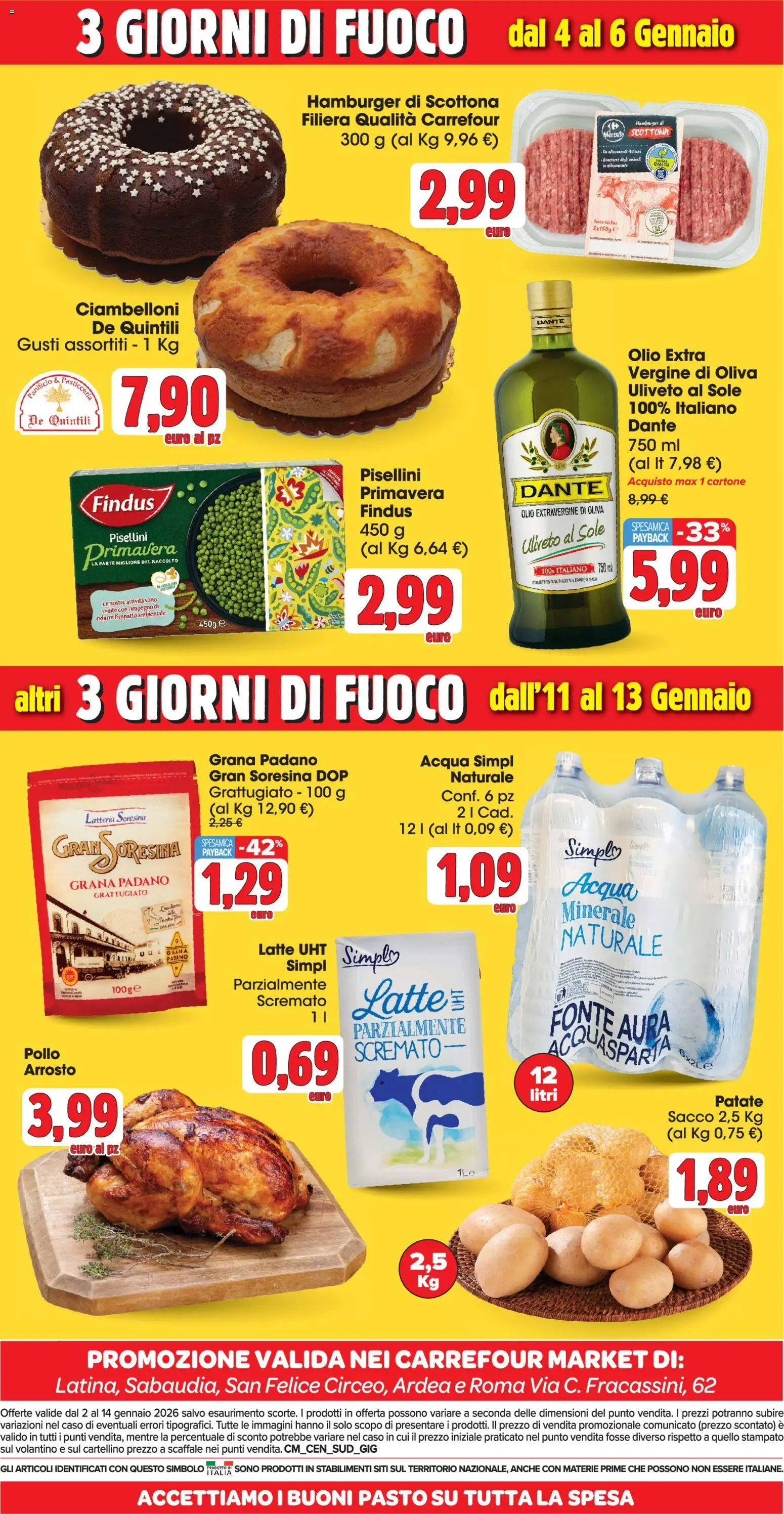 Volantino Carrefour del 02.01.2026 | Pagina: 4 | Prodotti: Arrosto, Acqua, Latte, Olio